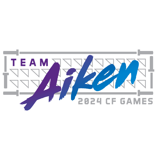 Team Aiken 2024 CrossFit Games artwork with purple-to-blue brush lettering and a light-grey rig frame