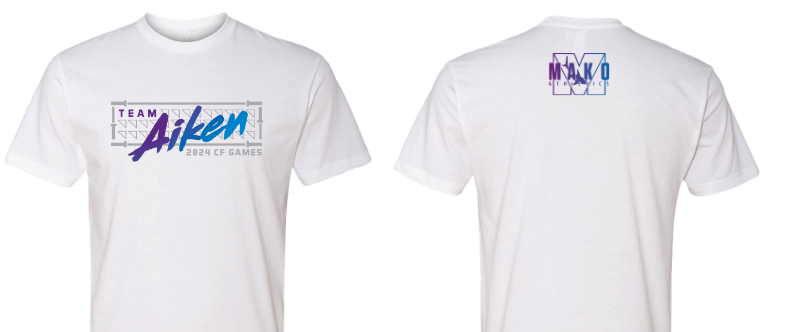 White Team Aiken shirt shown from the front and back with Mako Athletics branding