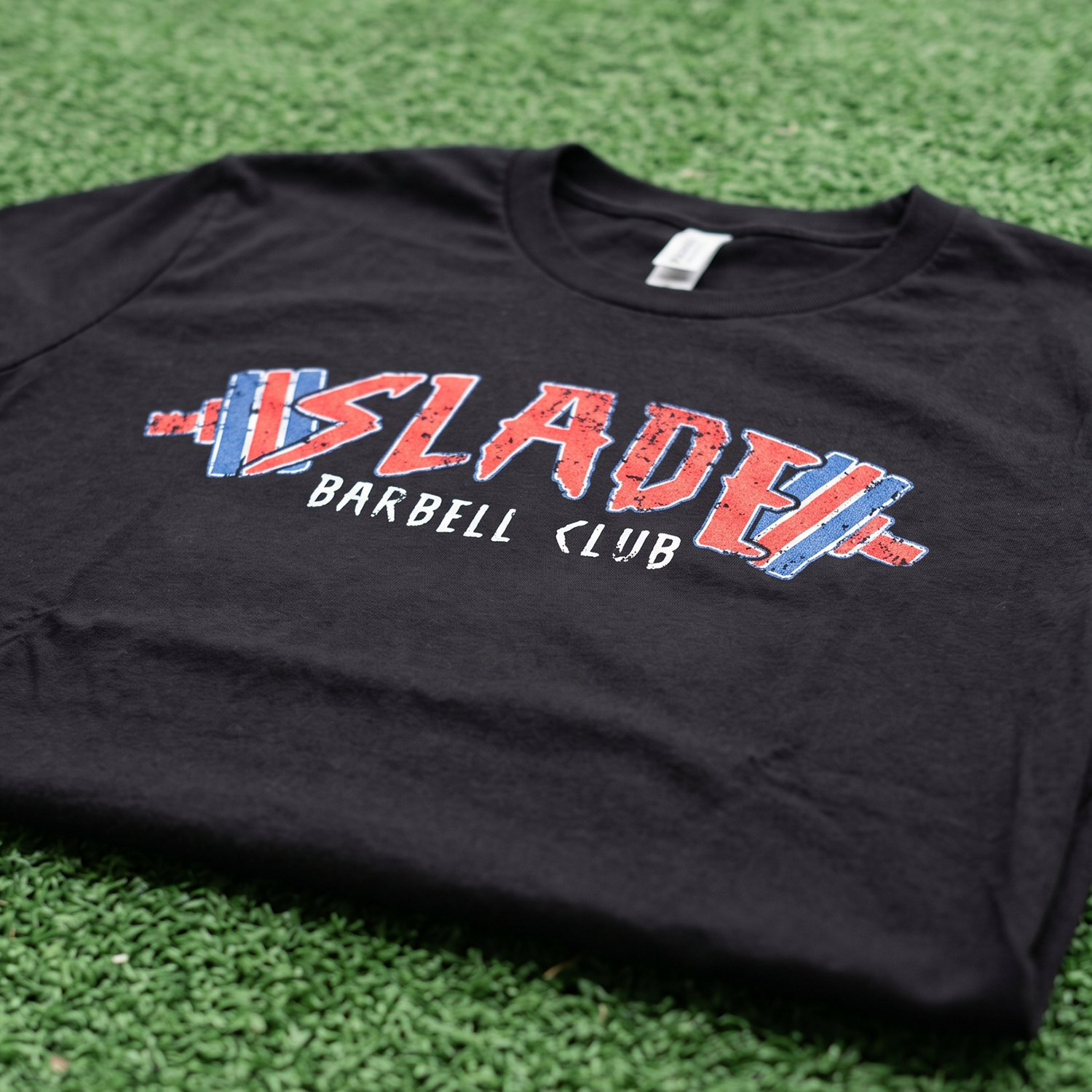 Slade Barbell Club custom Collegiate Barbell Tee with distressed athletic lettering