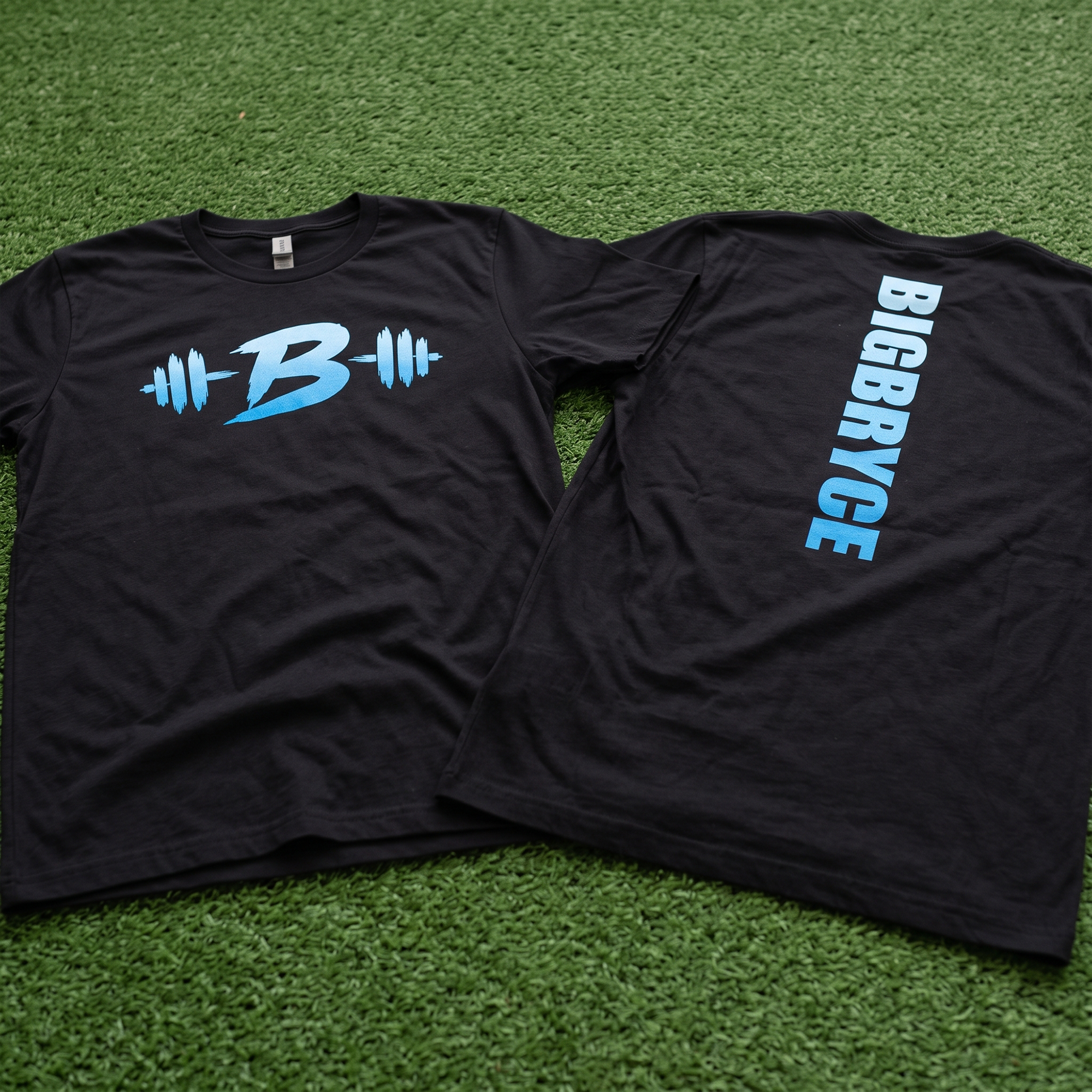 Black T-shirt with blue barbell B graphic on front and vertical Big Bryce print on back.