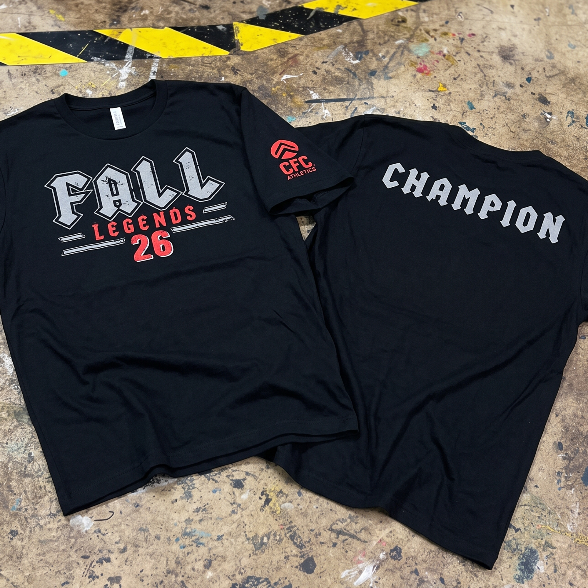 Black CFC Athletics Legends 26 shirt showing front, sleeve logo, and Champion back print.