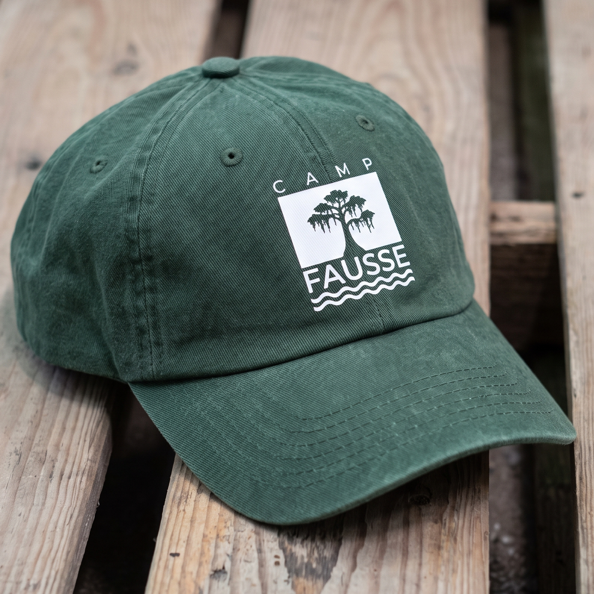 Forest green cap with white Camp Fausse cypress and wave graphic.