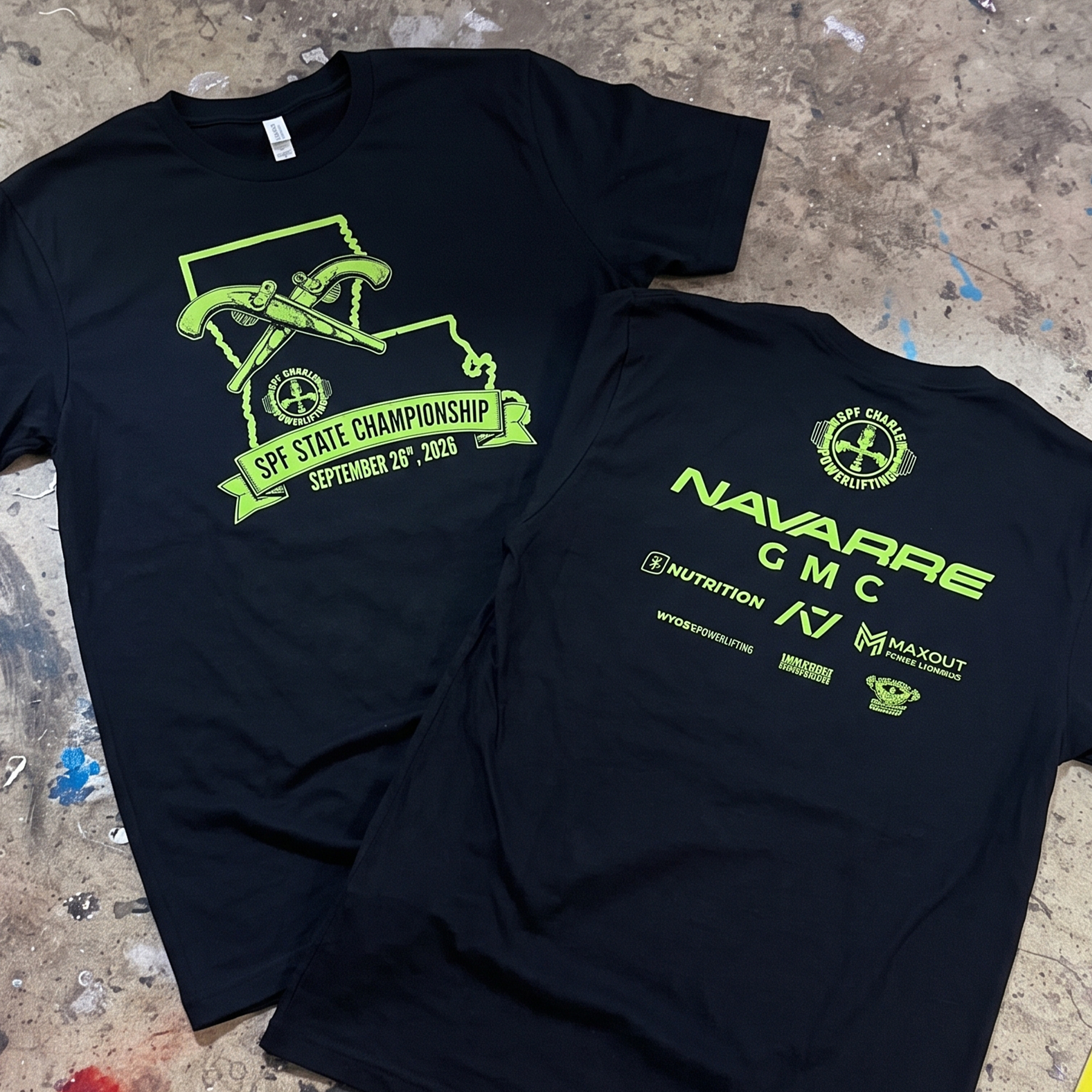 Black tees with neon-lime SPF State Championship artwork and sponsor logos.