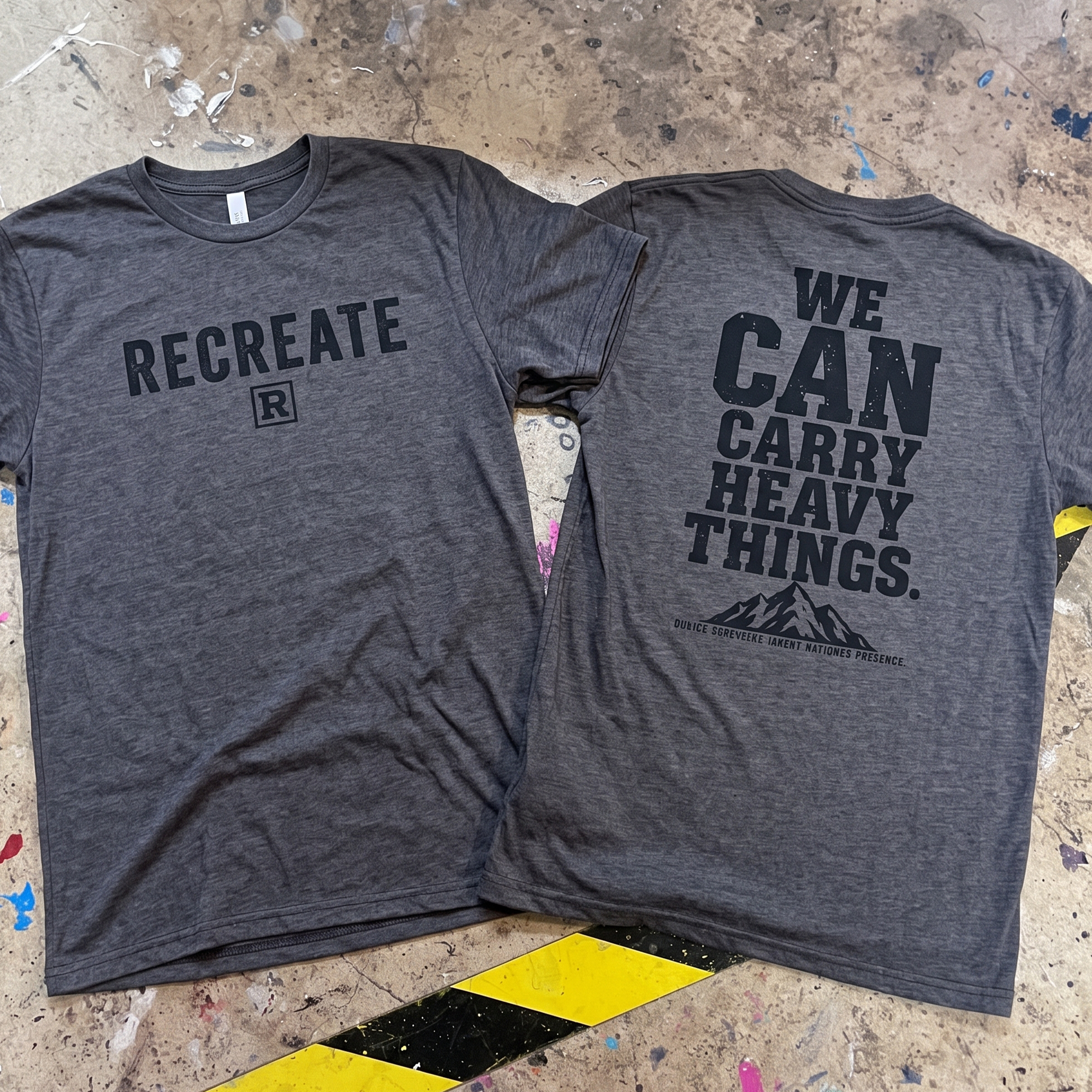 Charcoal tee with Recreate chest print and stacked "We Can Carry Heavy Things" back typography.