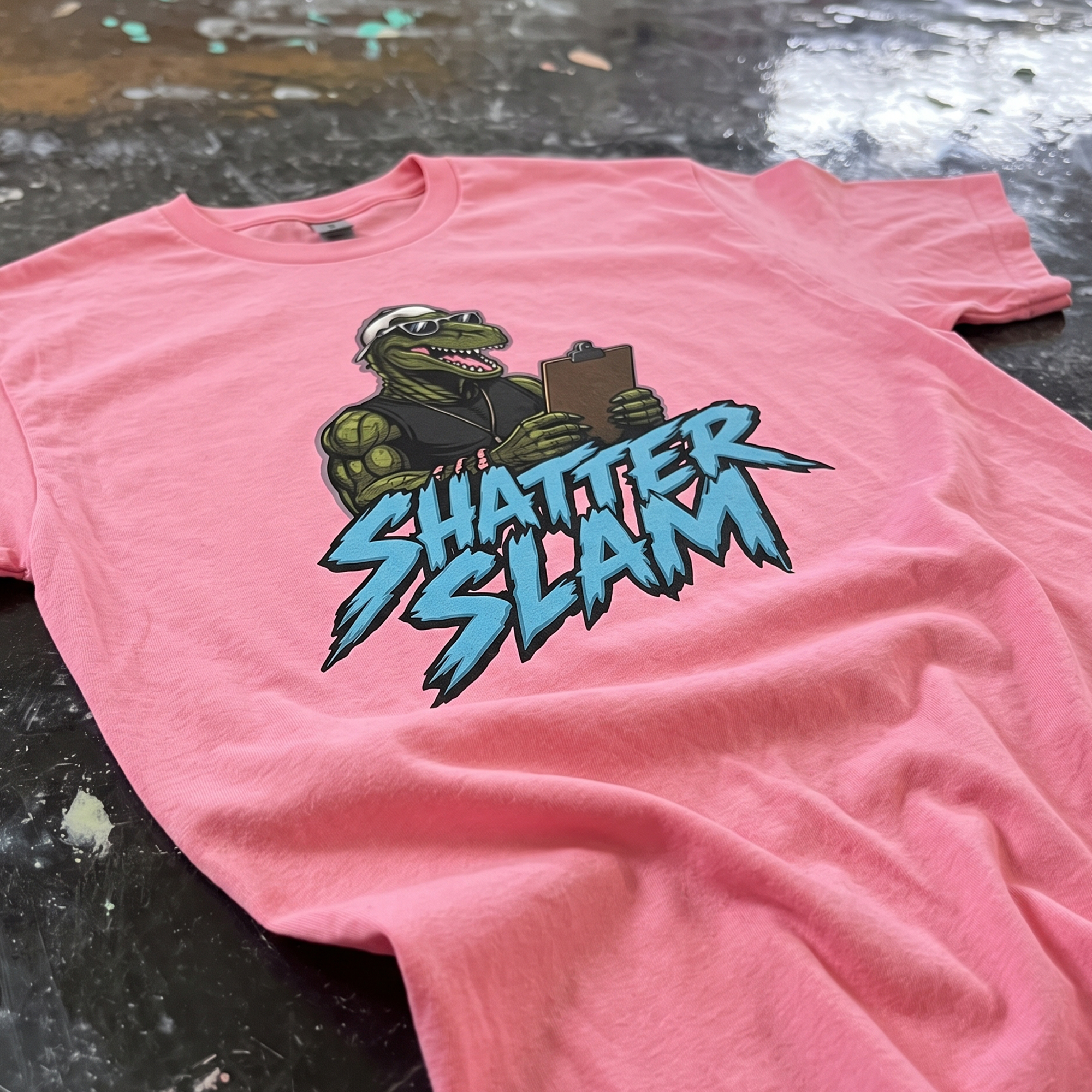 Pink tee with a dinosaur holding a clipboard above Shatter Slam lettering.