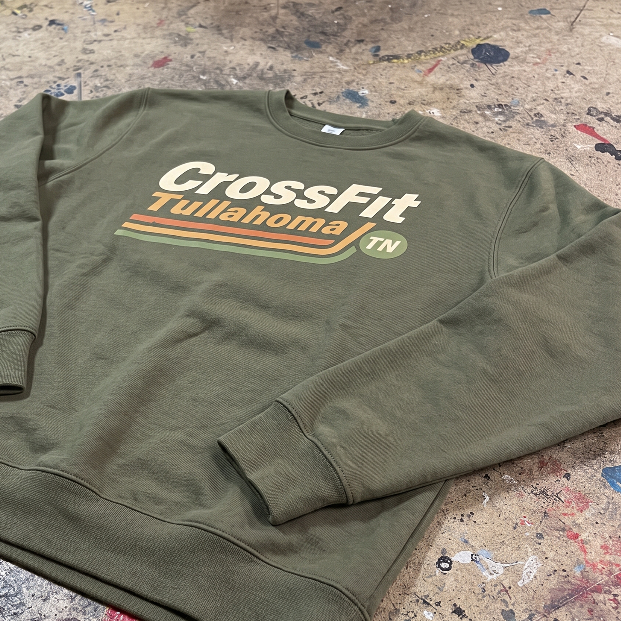 Olive crewneck sweatshirt with CrossFit Tullahoma retro stripe chest print.
