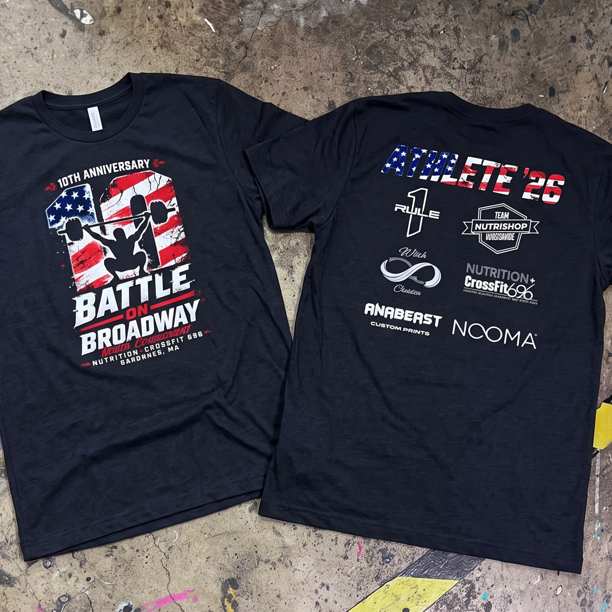 Black Battle on Broadway competition tees with patriotic front artwork and sponsor back print.