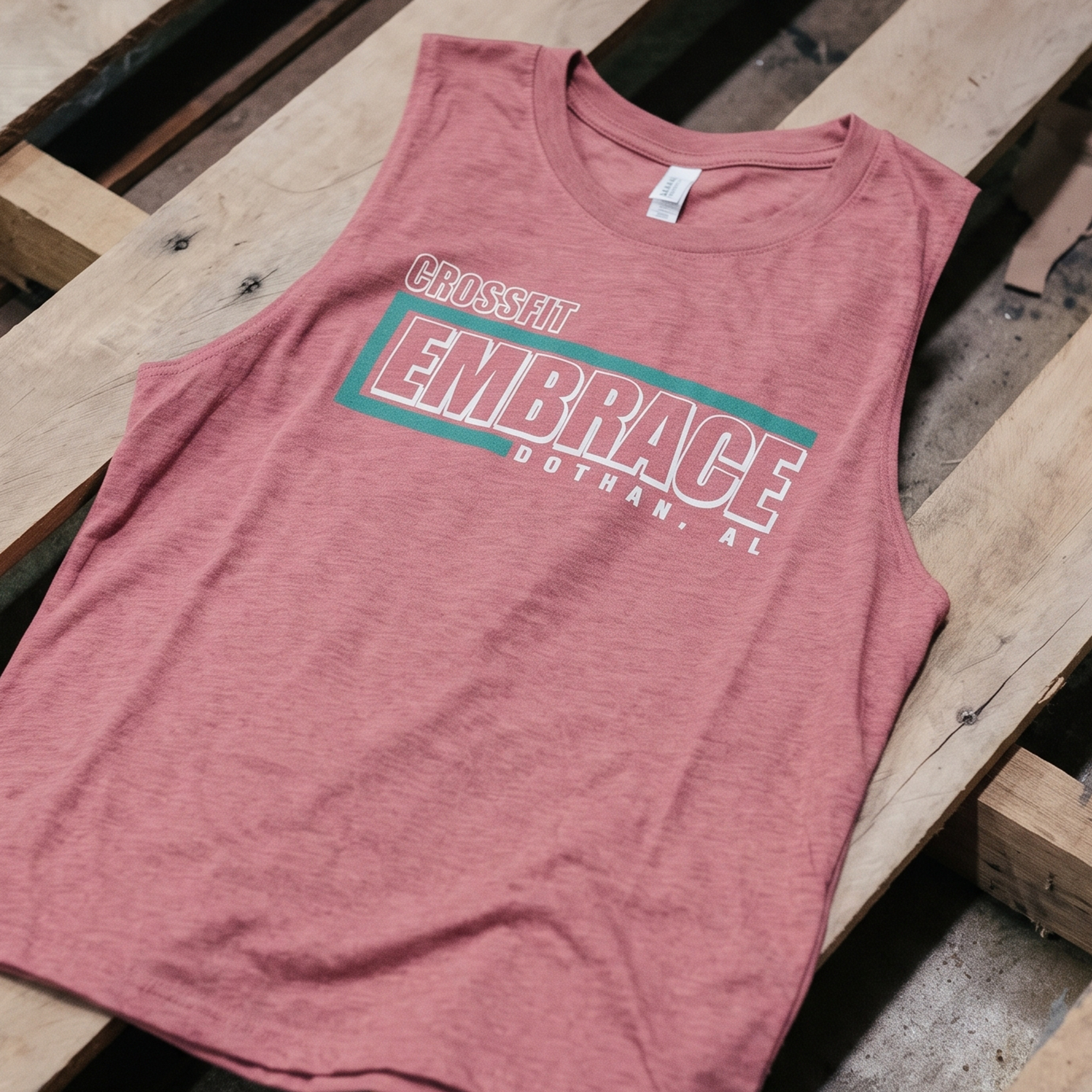 Dusty rose tank with white and teal CrossFit Embrace Dothan print.
