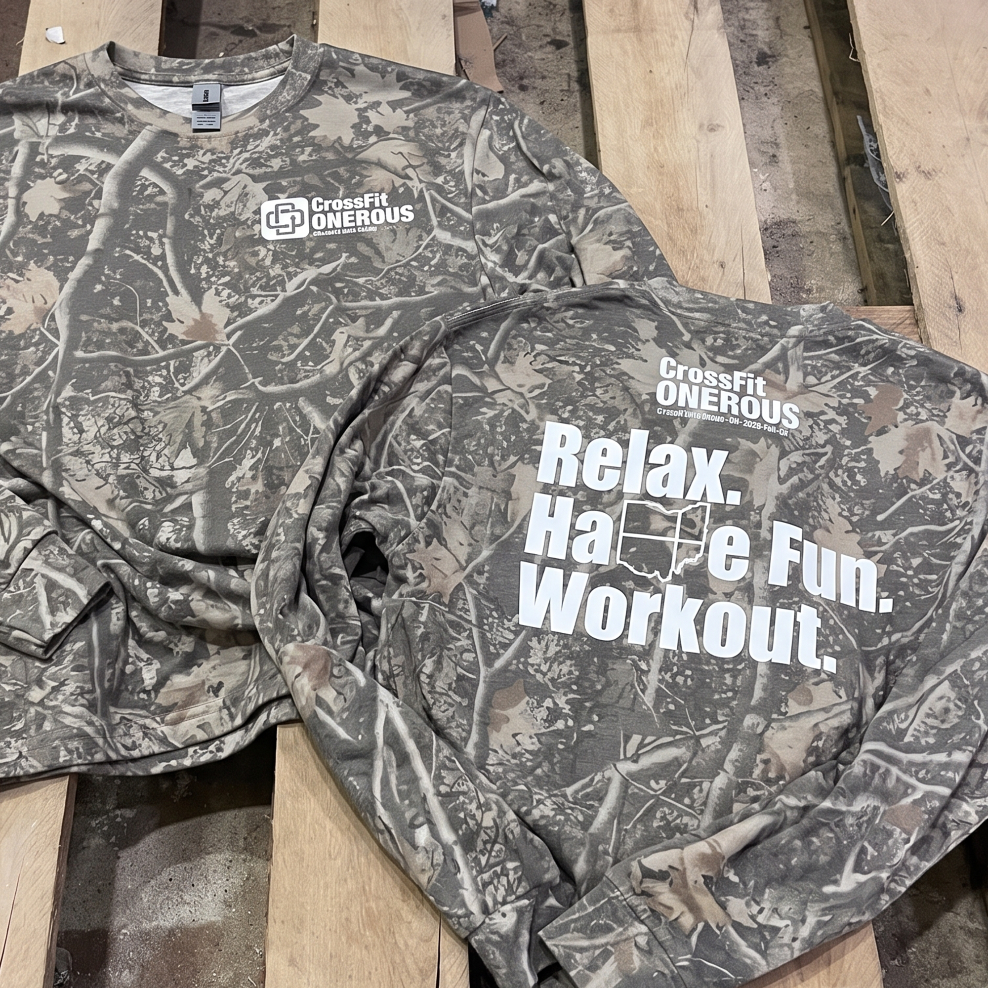 Camouflage CrossFit Onerous crewnecks with white chest logo and large Relax Have Fun Workout back print.