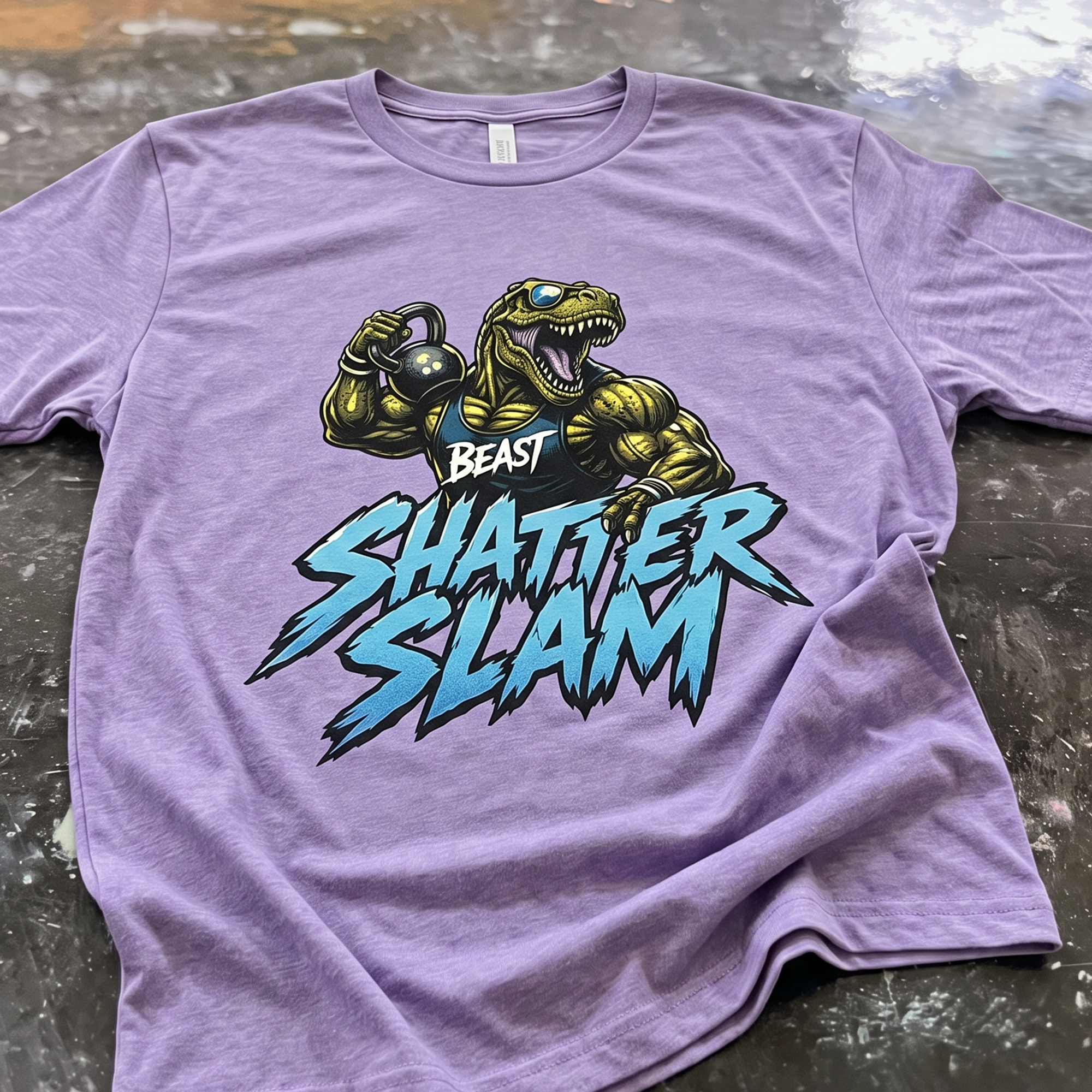 Lavender tee with a muscular dinosaur holding a kettlebell above Shatter Slam lettering.