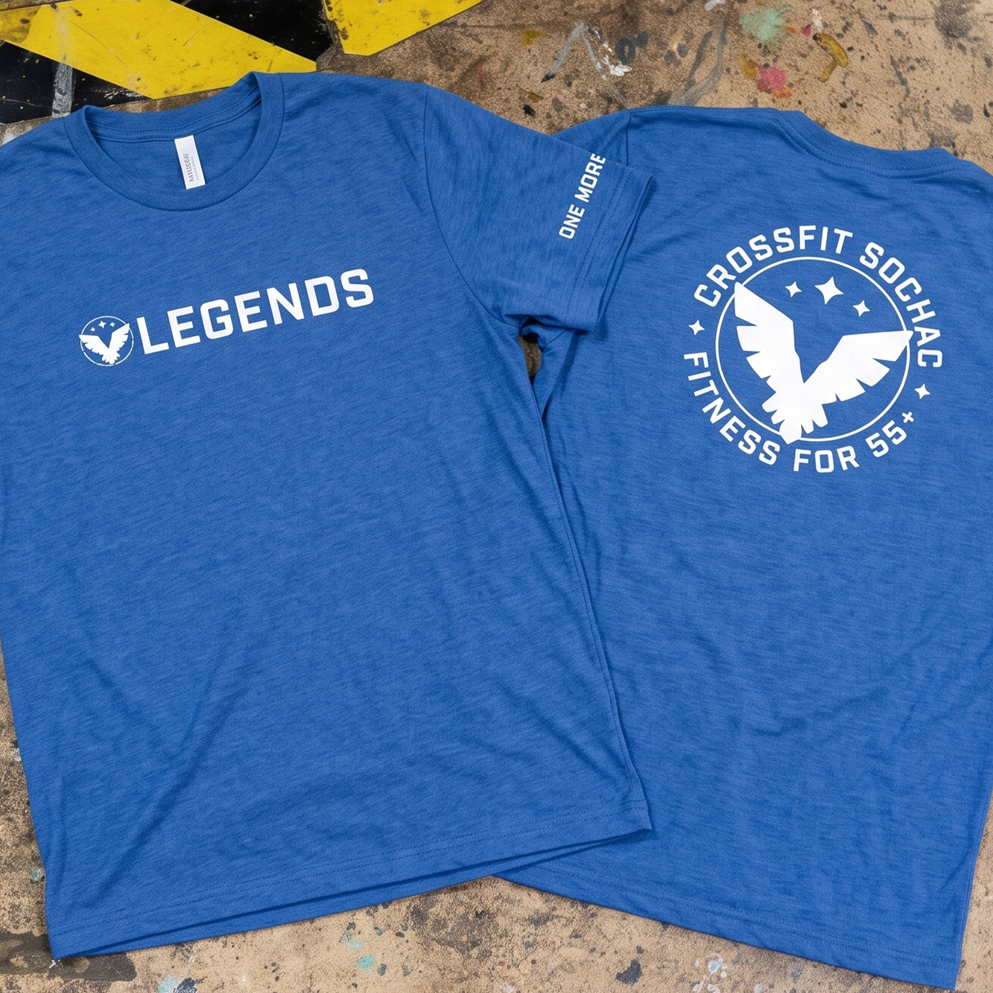 Royal blue CrossFit Sochac Legends tee with white front lettering and eagle back graphic.