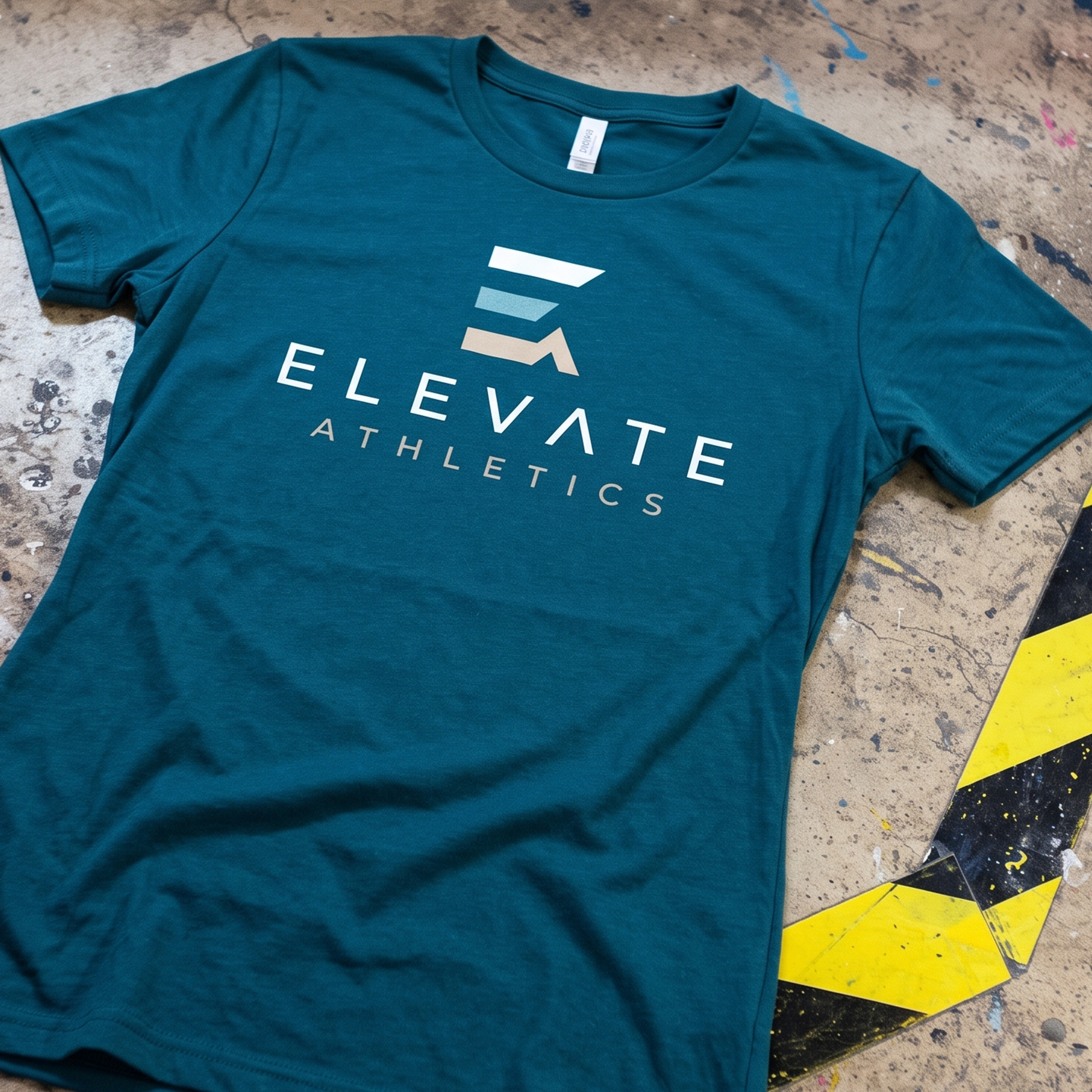 Deep teal T-shirt with centered Elevate Athletics logo in white, blue and tan.