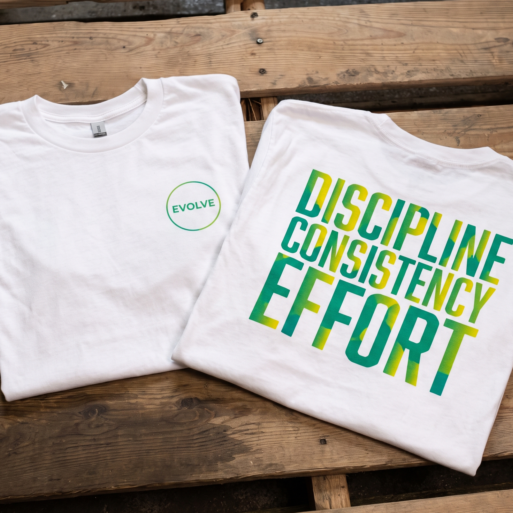 White Evolve T-shirts with green and yellow chest and back prints.