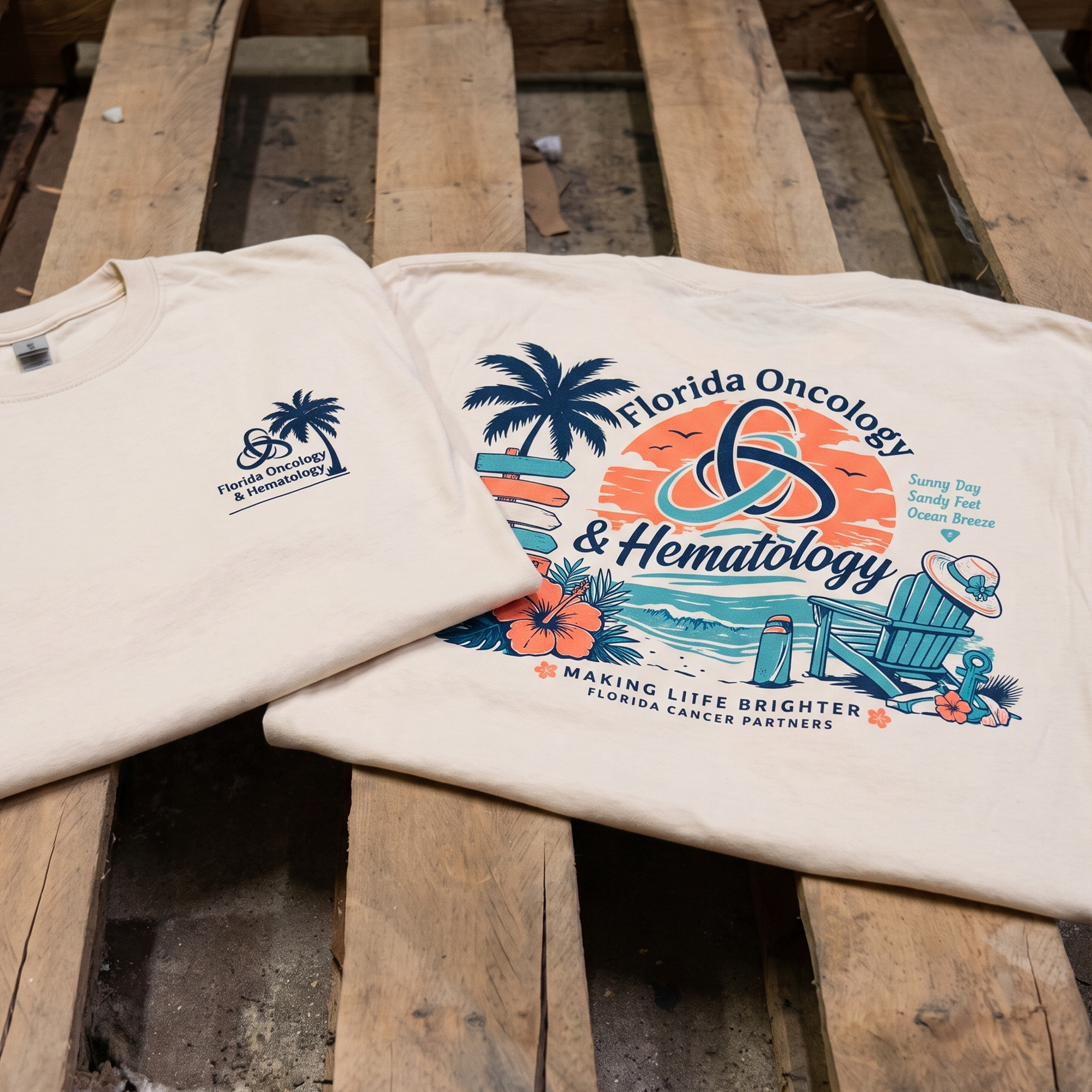 Cream T-shirt with palm-tree chest print and colorful beach-themed Florida Oncology and Hematology back graphic.