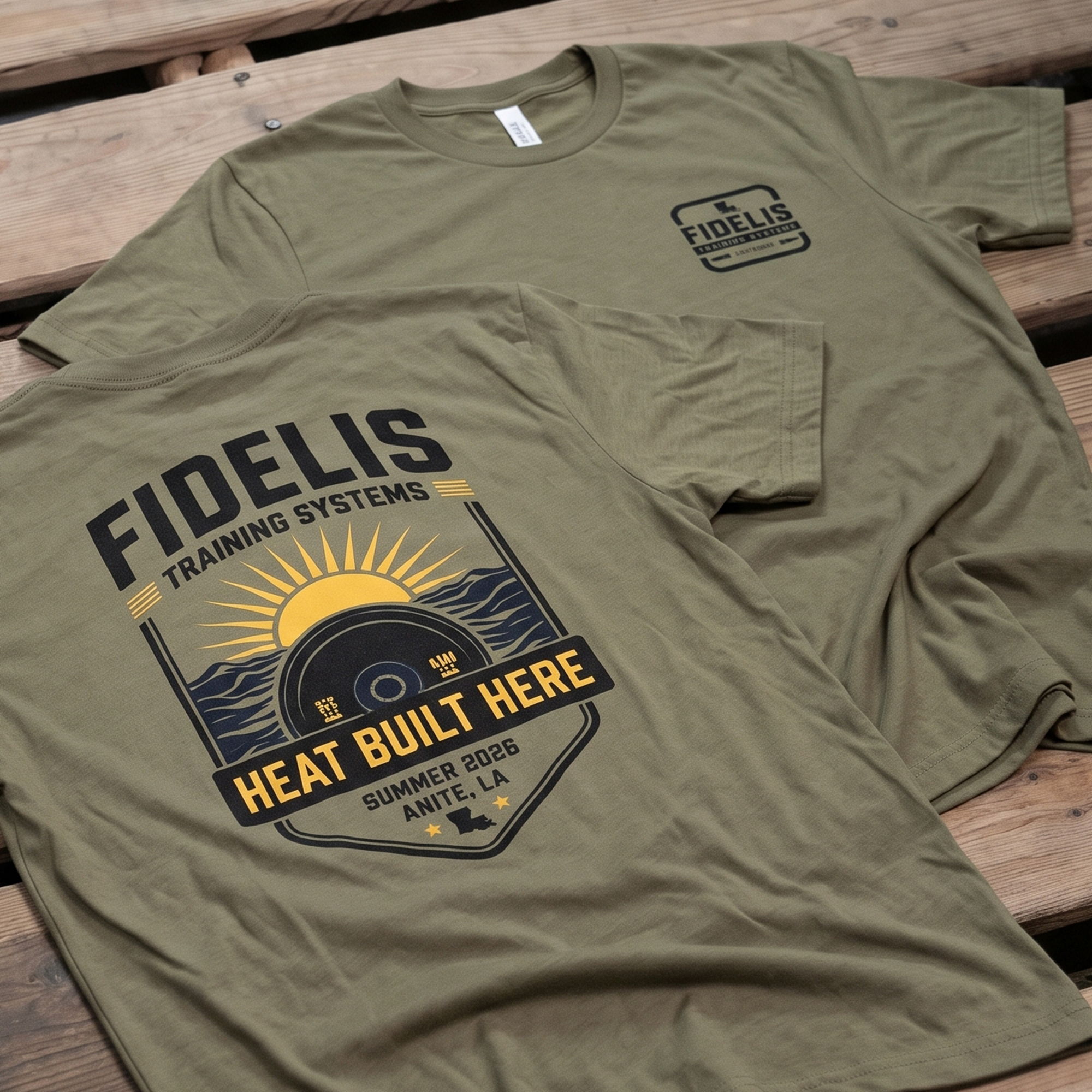 Olive Fidelis tee with small chest logo and Heat Built Here back graphic.