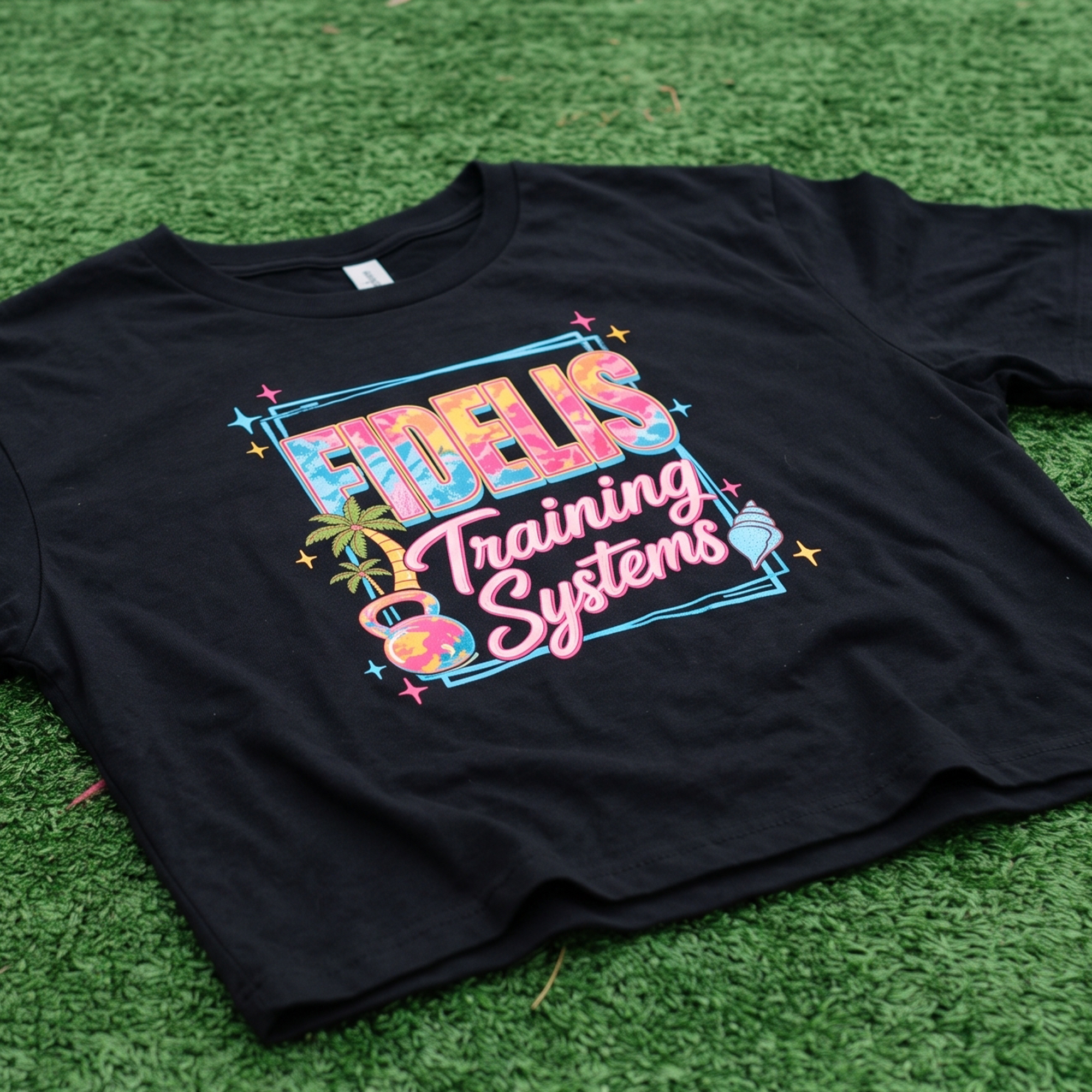 Black Fidelis Training Systems tee with colorful tropical front graphic.