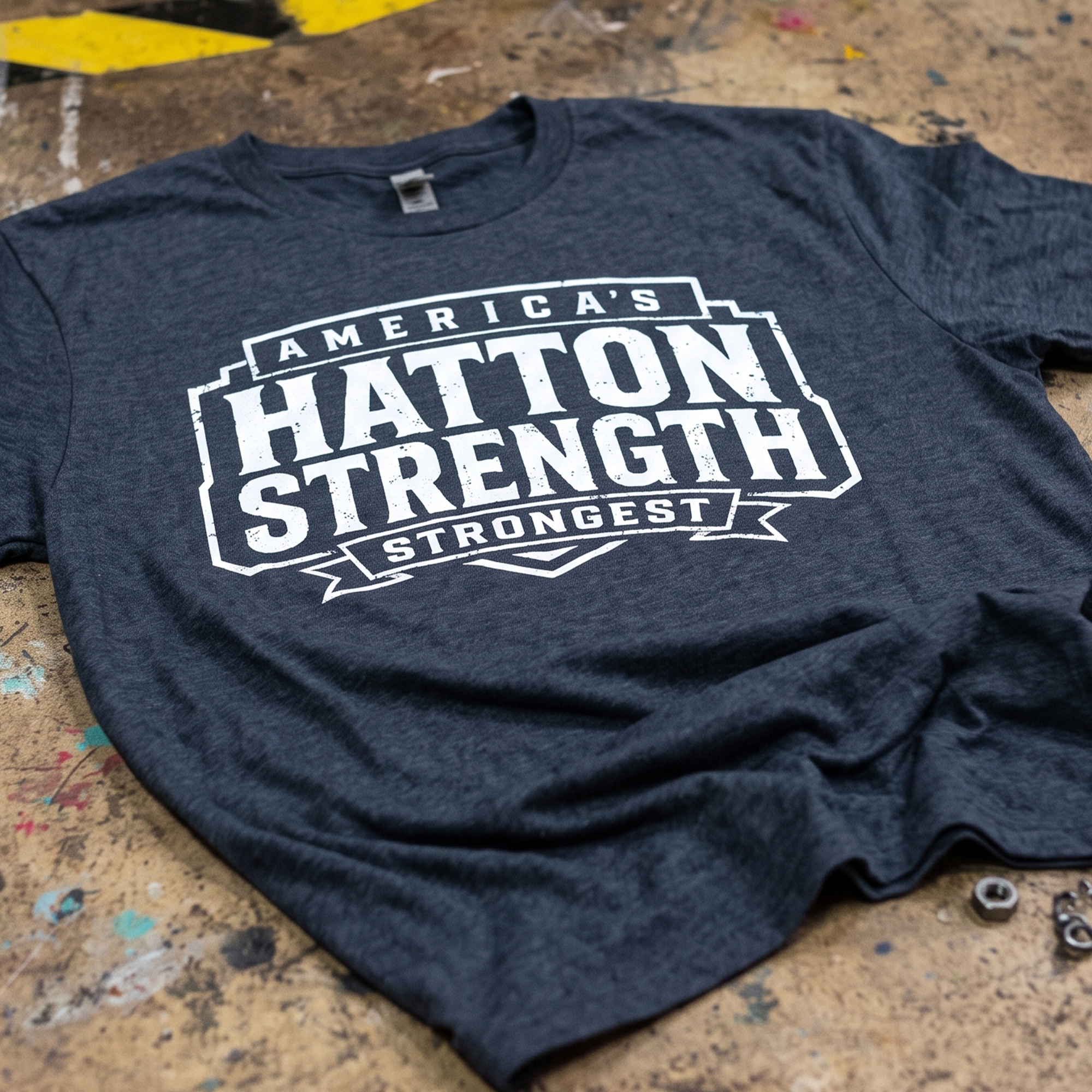 Charcoal T-shirt with distressed white America’s Hatton Strength badge print.