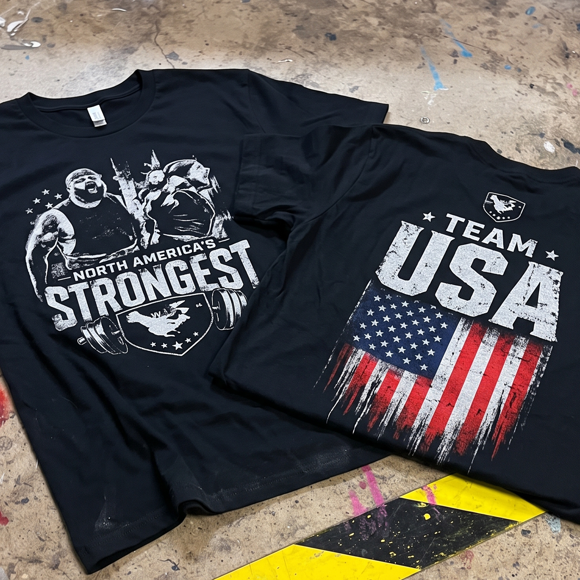 Black shirts with distressed America’s Strongest strongman front print and Team USA flag back print.