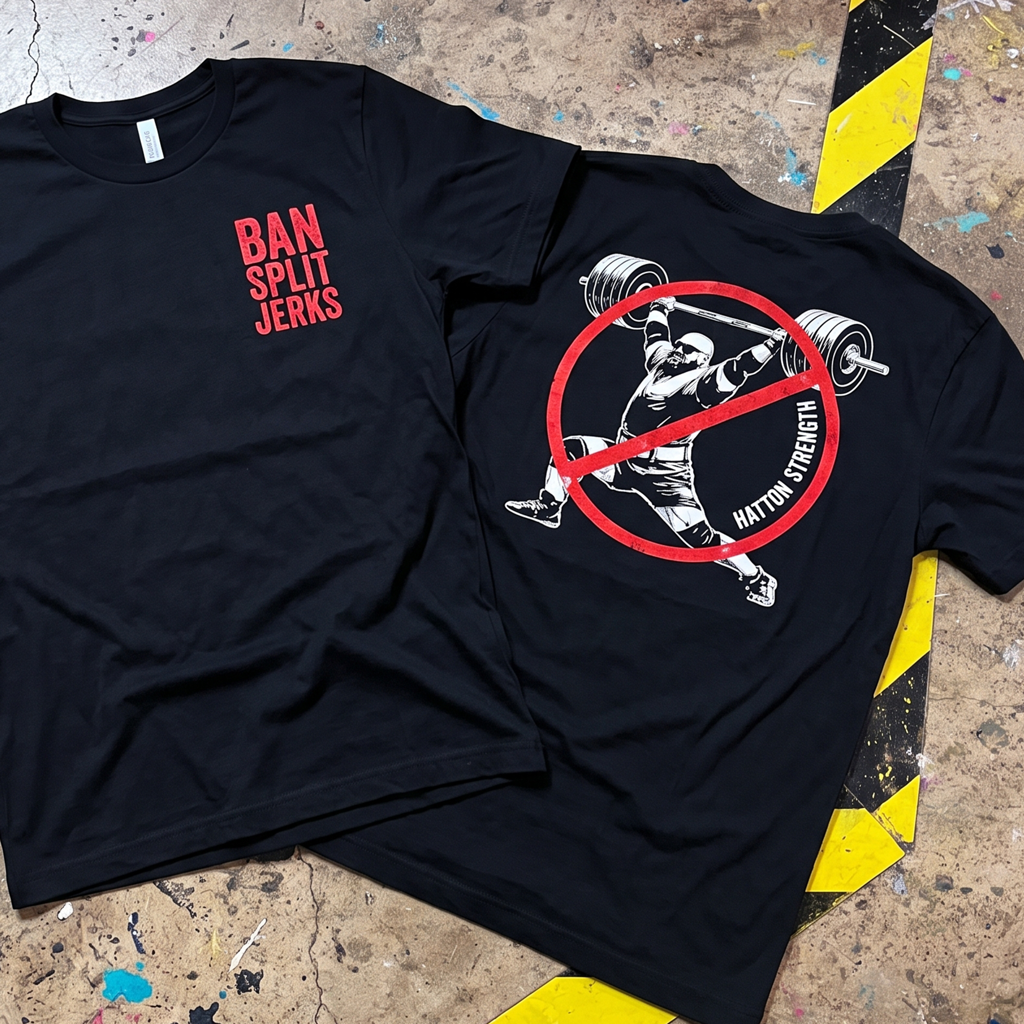 Black shirts with red and white weightlifting graphics and text.