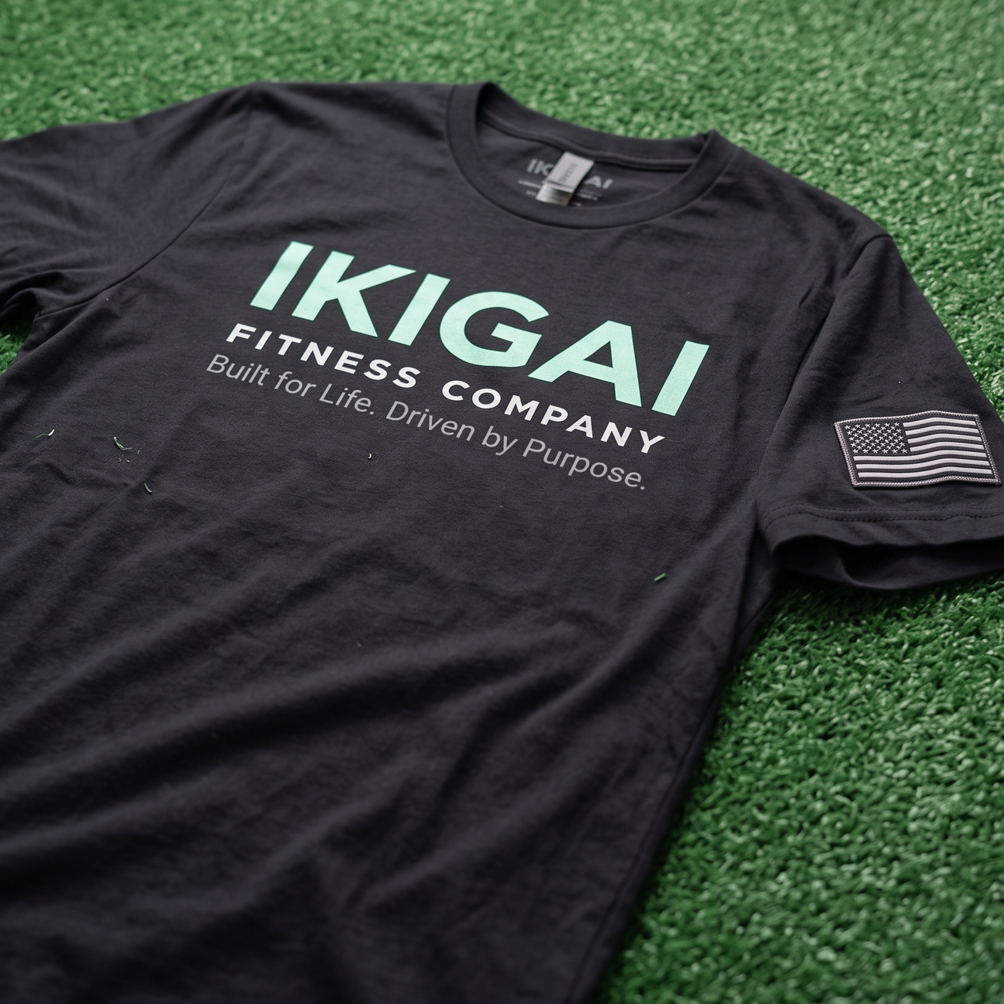 Black Ikigai Fitness Company tee with mint logo, white tagline, and grayscale American flag sleeve patch.