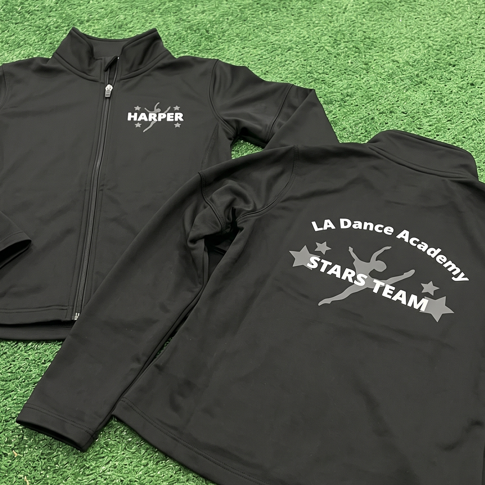 Black zip jackets with personalized Harper print and LA Dance Academy Stars Team back graphic.
