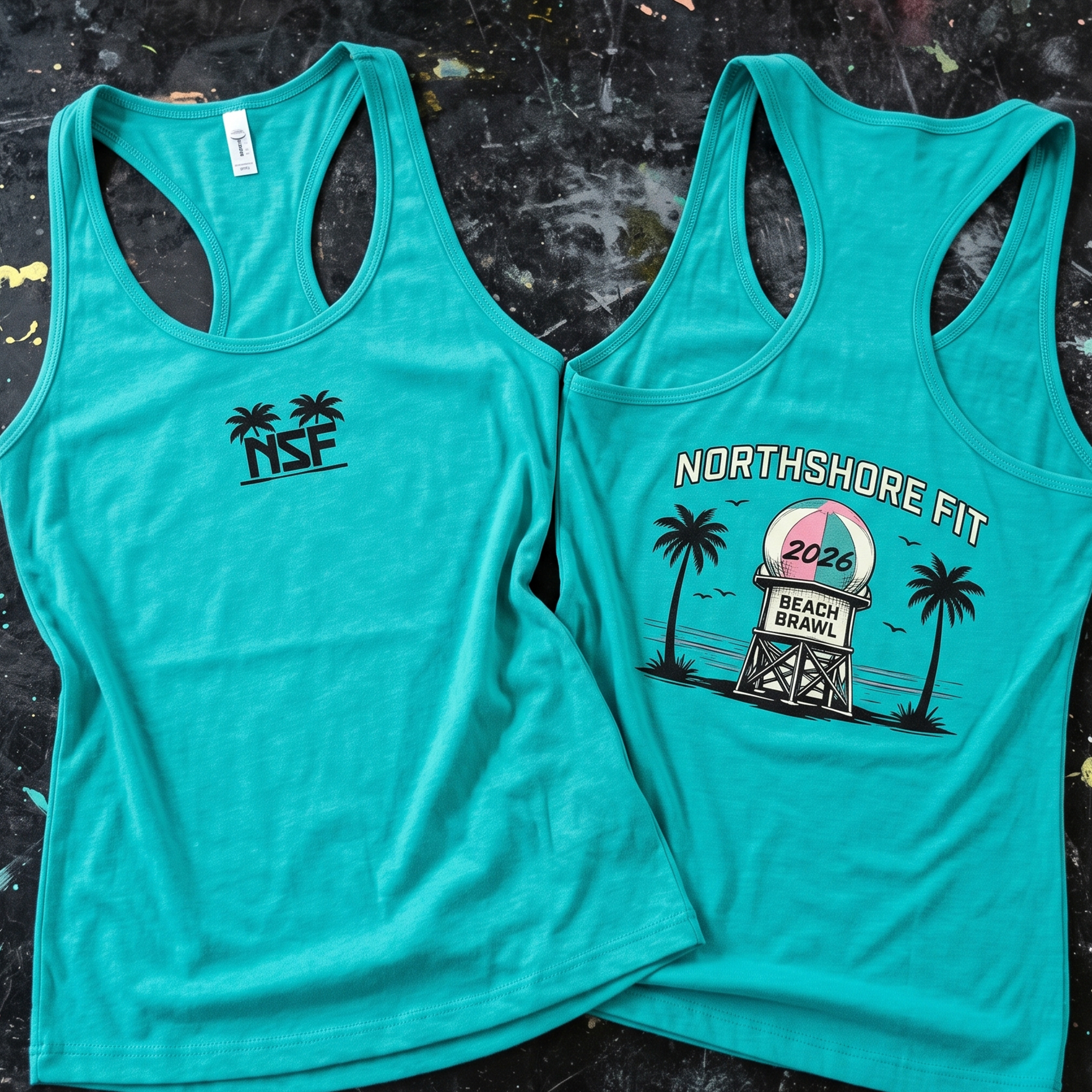Turquoise racerback tank with a small black Northshore Fit palm logo on the front and Beach Brawl lifeguard tower graphic on the back.