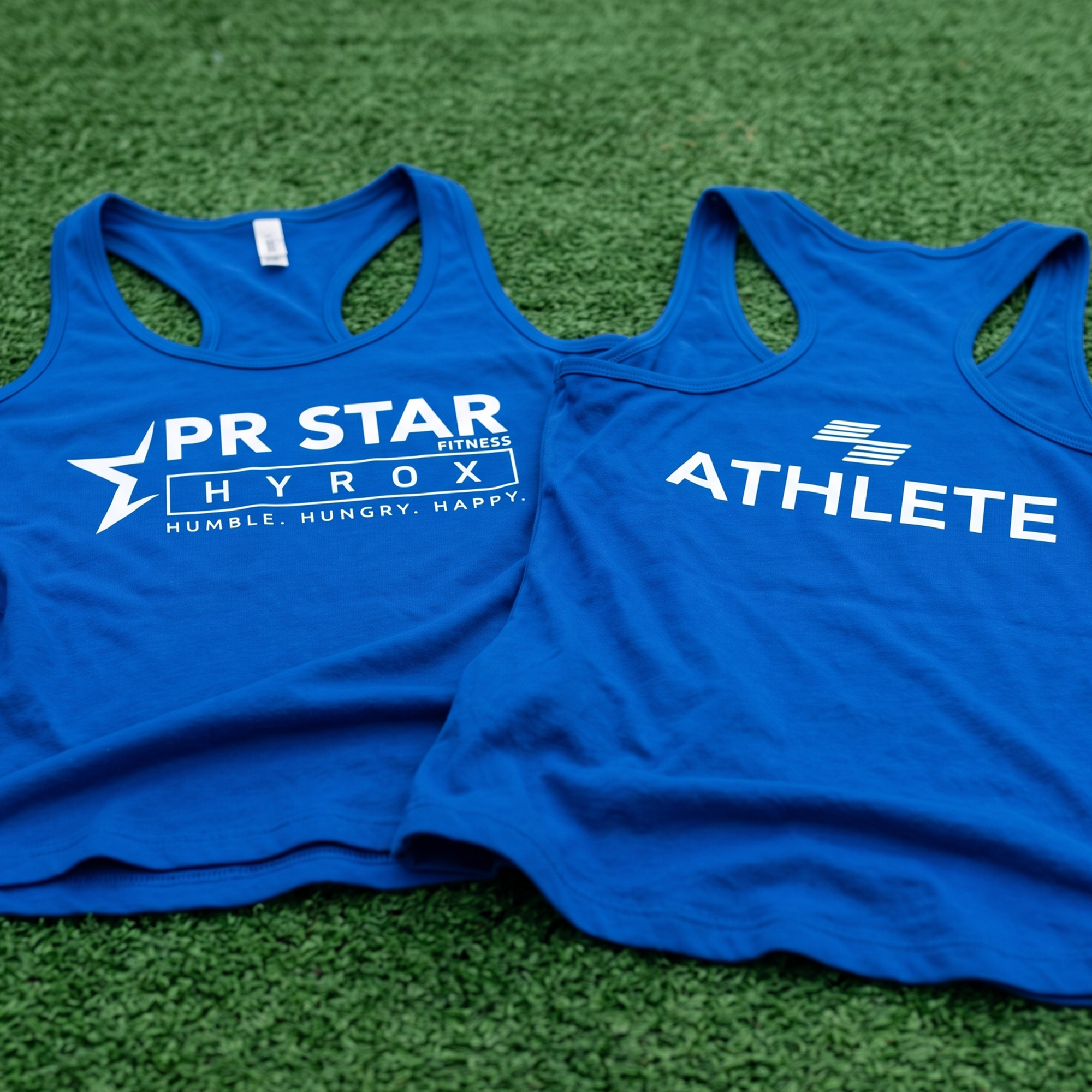 Two royal blue racerback tanks with white PR Star Fitness HYROX and Athlete prints.