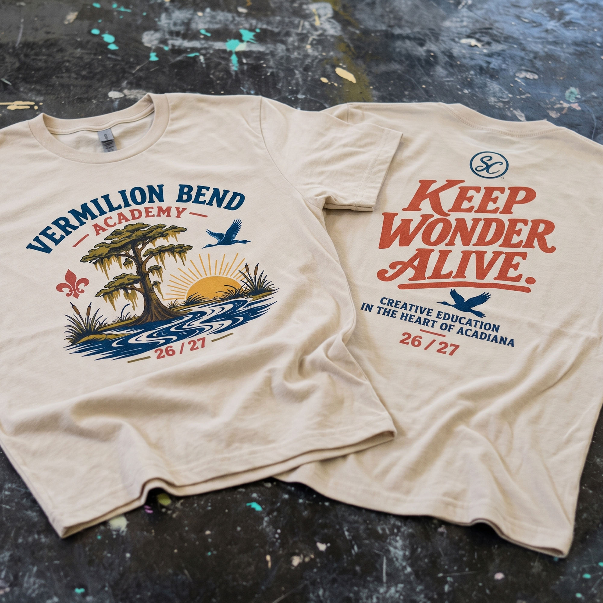 Cream Vermilion Bend Academy fundraiser tees with river, tree, bird and Keep Wonder Alive graphics.