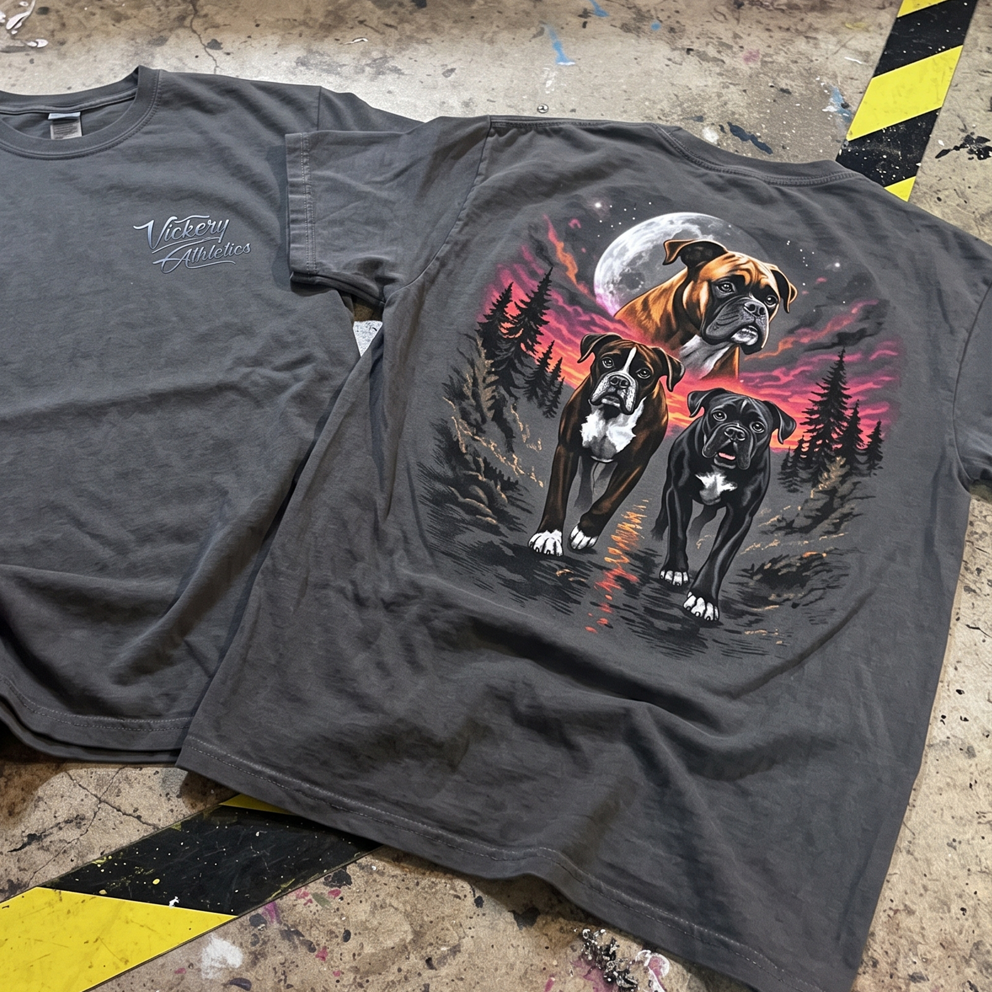 Charcoal Vickery Athletics tee with script chest logo and colorful dog illustration on the back.