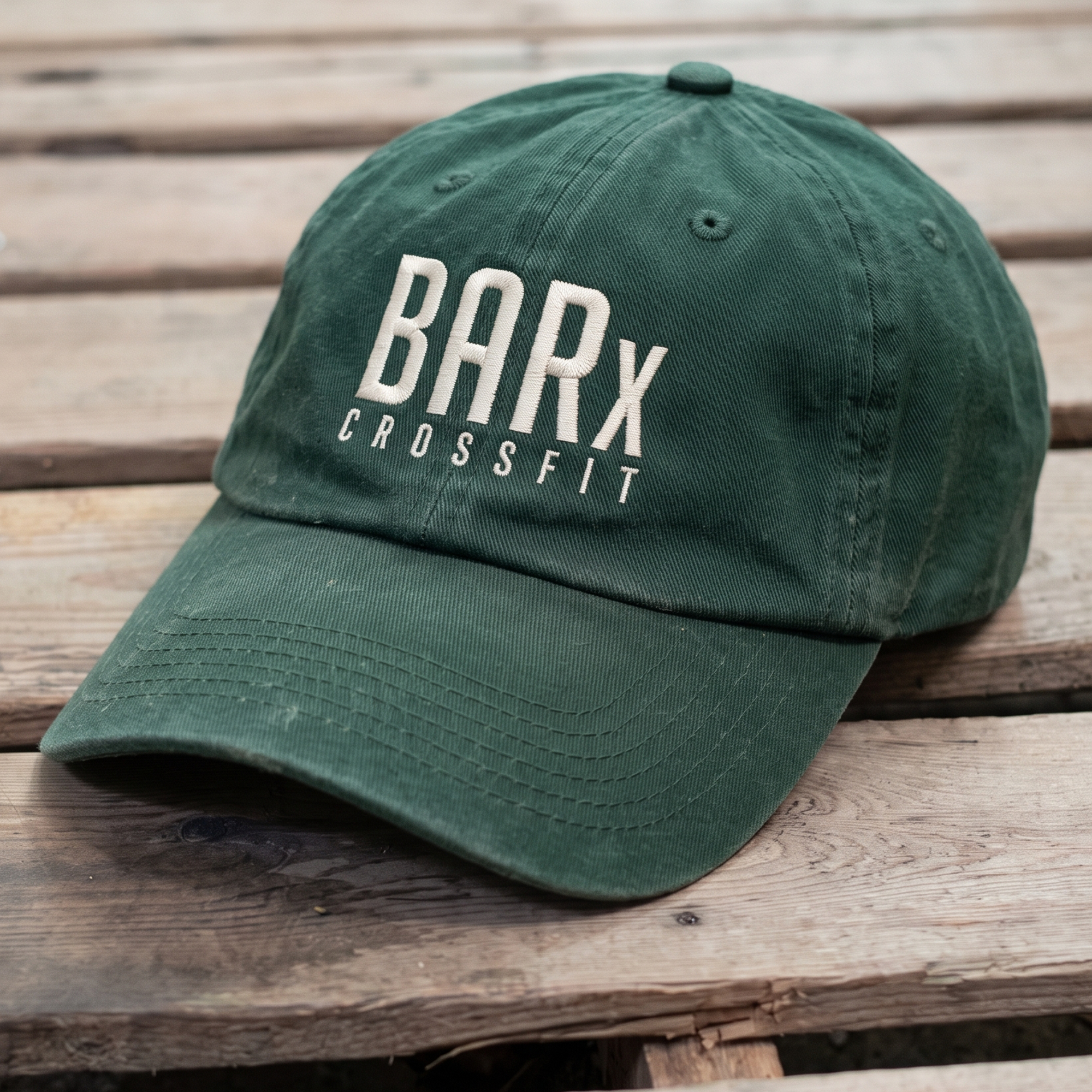 Olive green cap with cream BARx CrossFit embroidery
