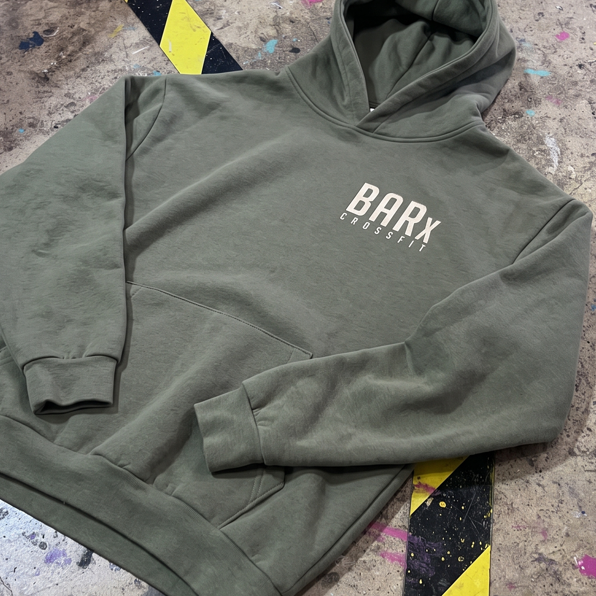 Olive green hoodie with small cream BARx CrossFit chest print