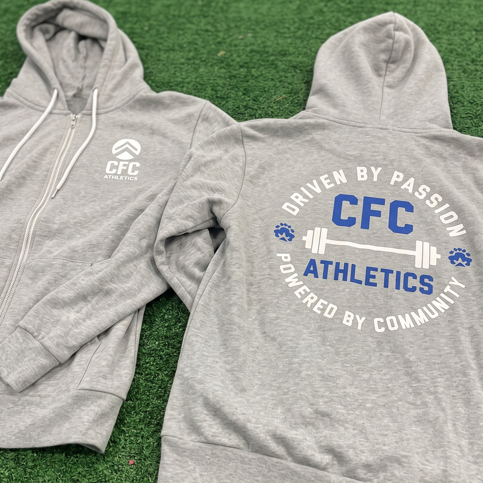 Heather-gray CFC Athletics zip hoodie with chest logo and large blue-and-white back print.