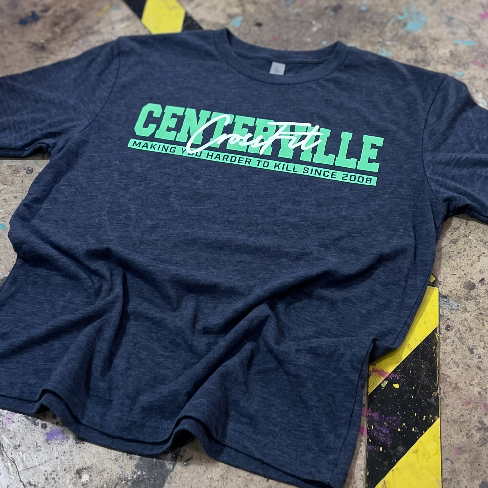 Navy Centerville CrossFit tee with mint collegiate lettering and white script.