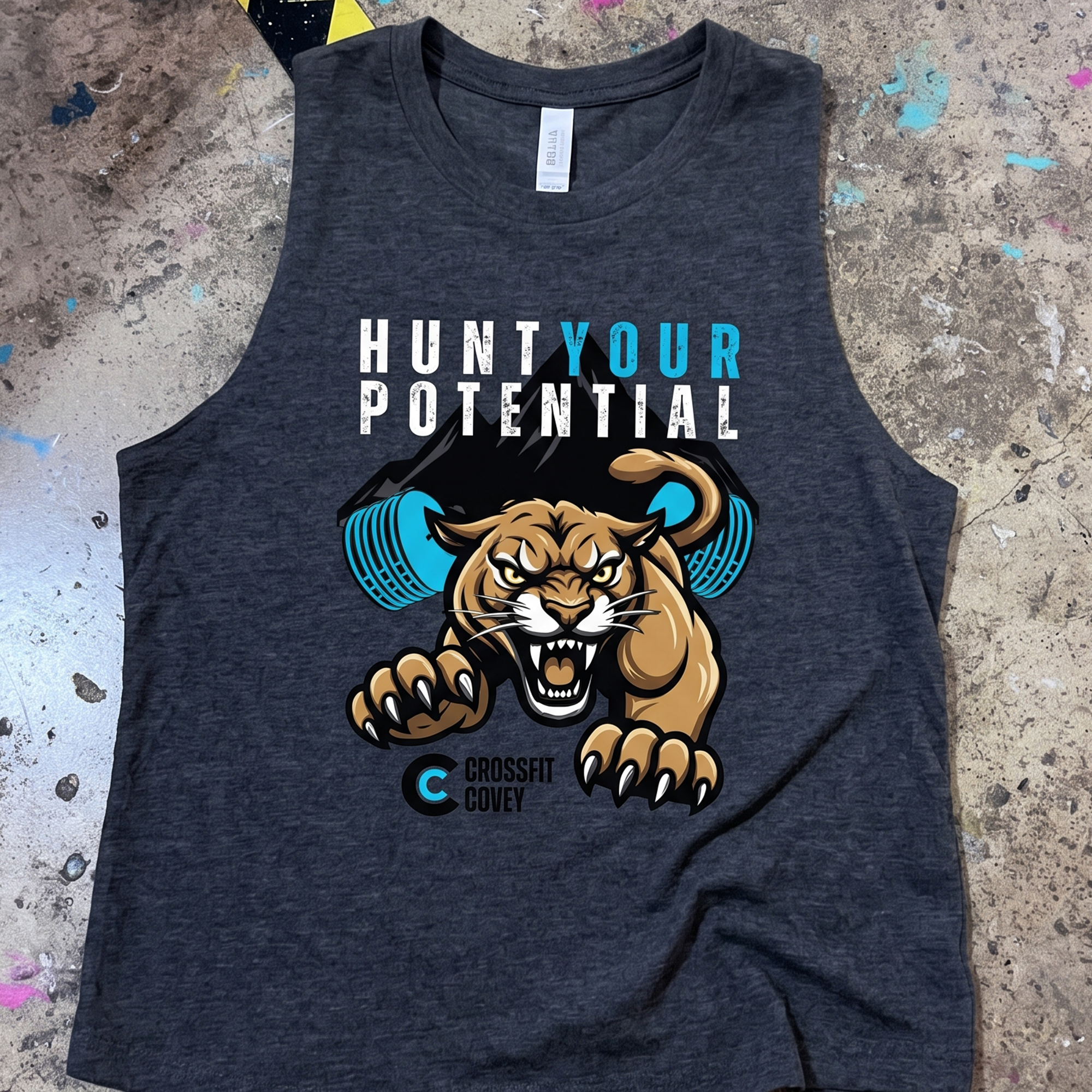 Dark tank with roaring cougar, barbell and Hunt Your Potential print
