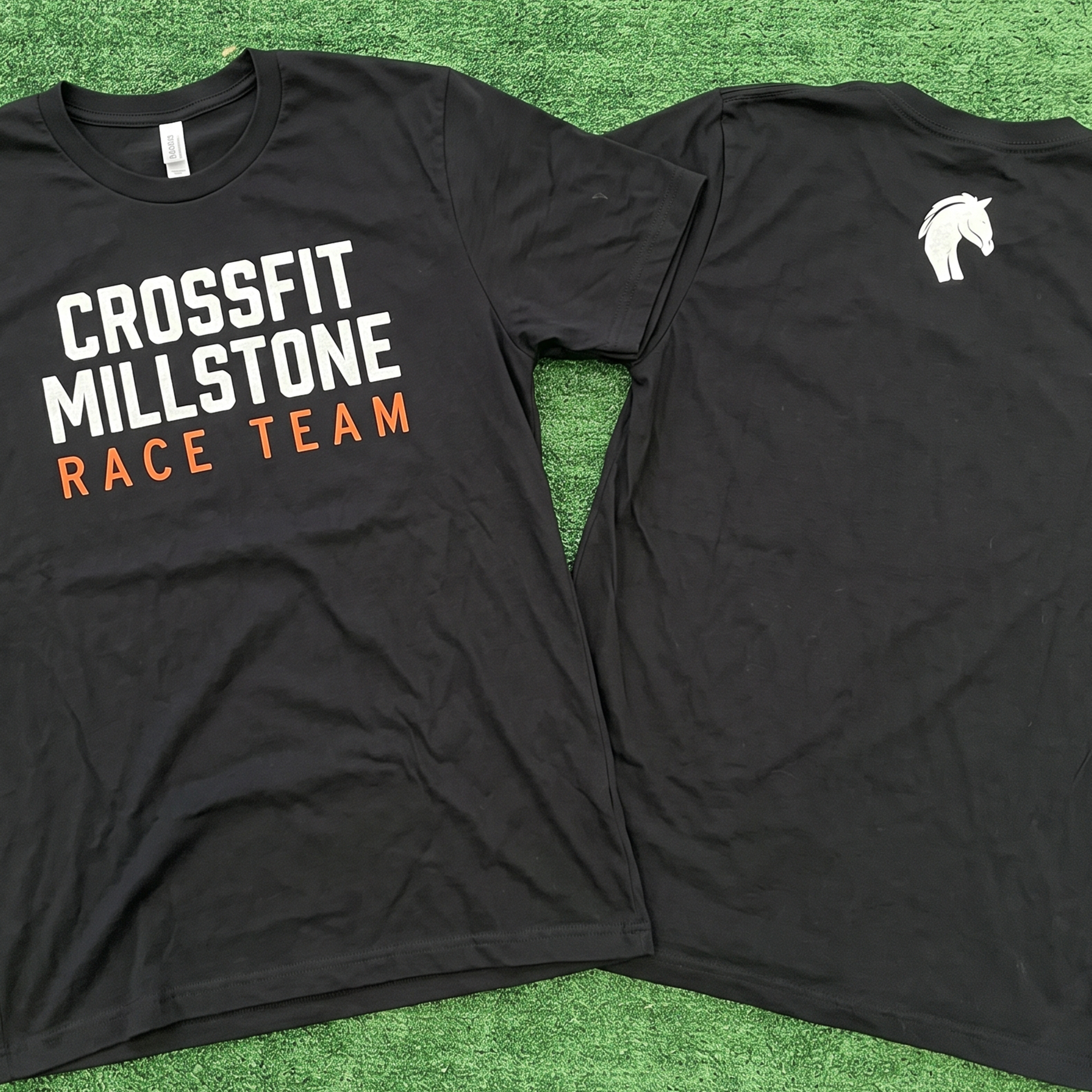 Black tee with CrossFit Millstone Race Team front print and white horse logo back.