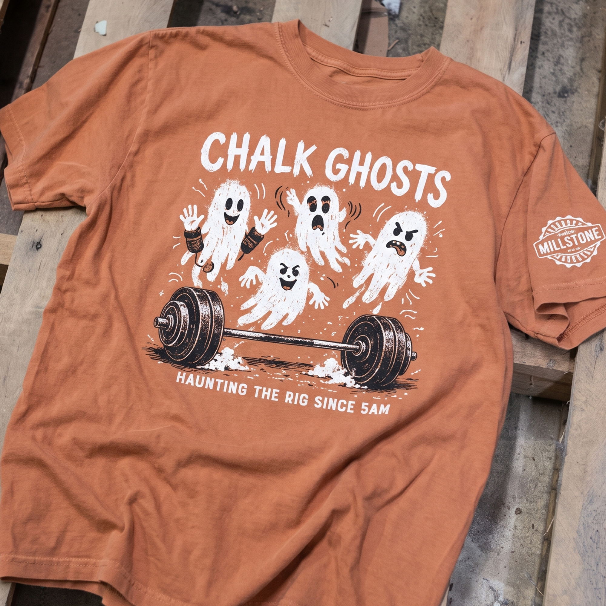 Rust tee with Chalk Ghosts graphic, cartoon ghosts and barbell illustration.