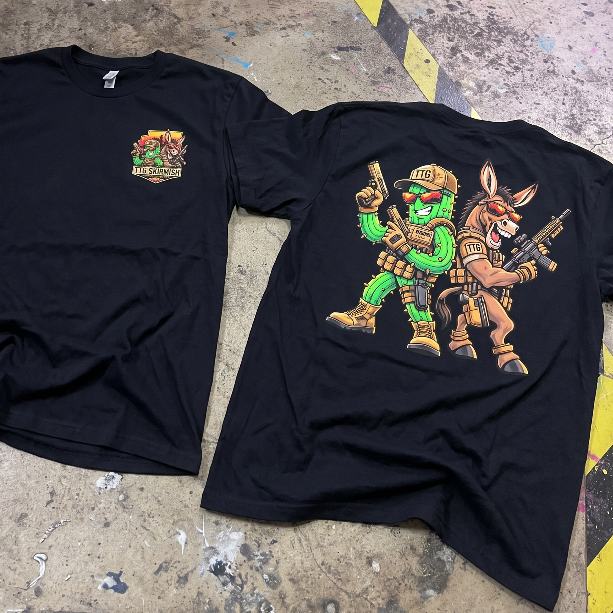 Black CrossFit Raidho Skirmish T-shirts with small chest crest and colorful cactus-and-jackrabbit tactical back print.