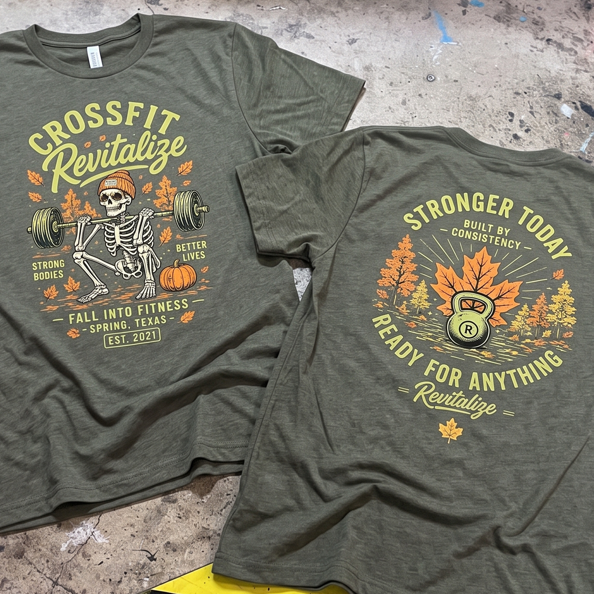 Olive green shirts with skeleton barbell front print and kettlebell fall back print.