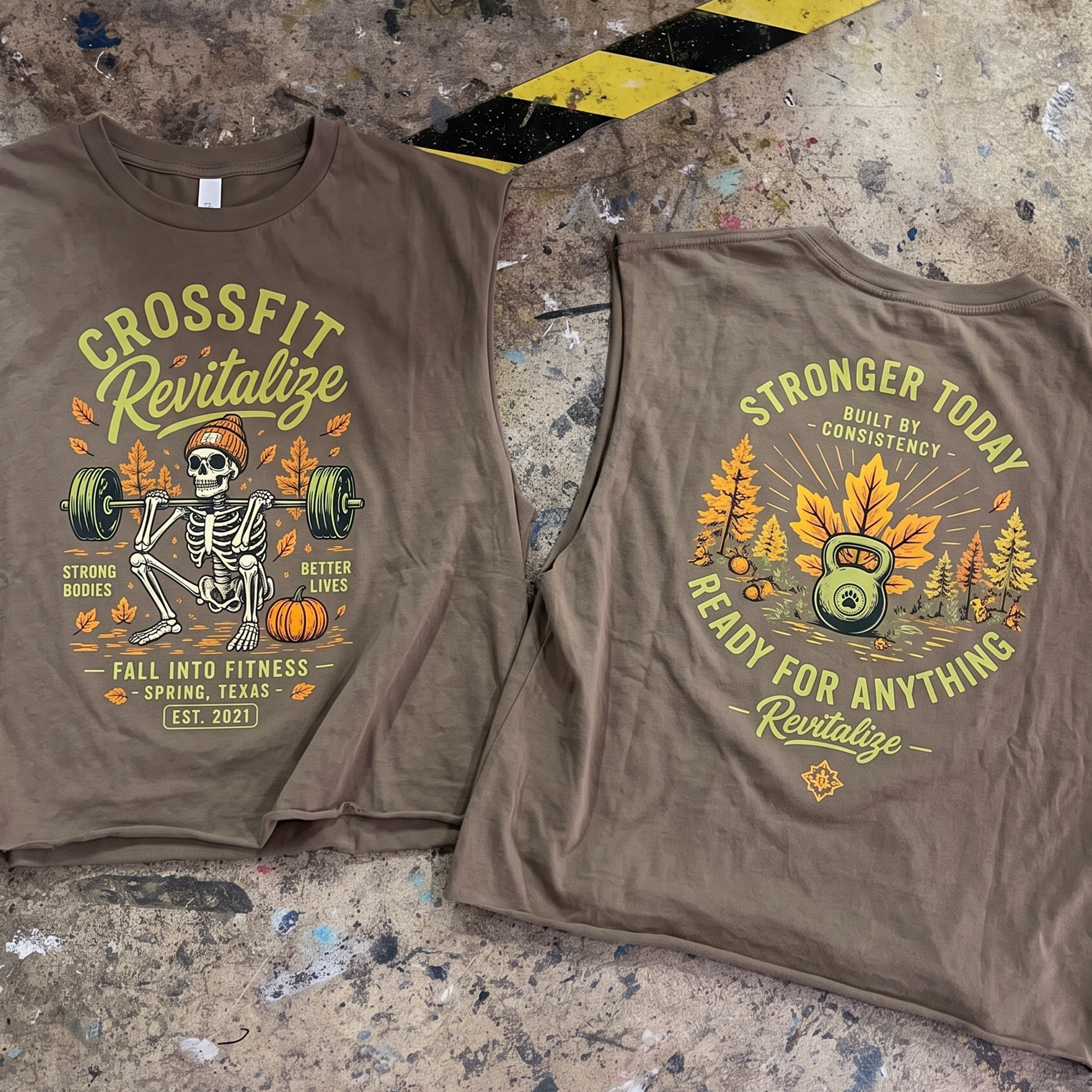 Brown tank tops with skeleton barbell front print and kettlebell fall back print.