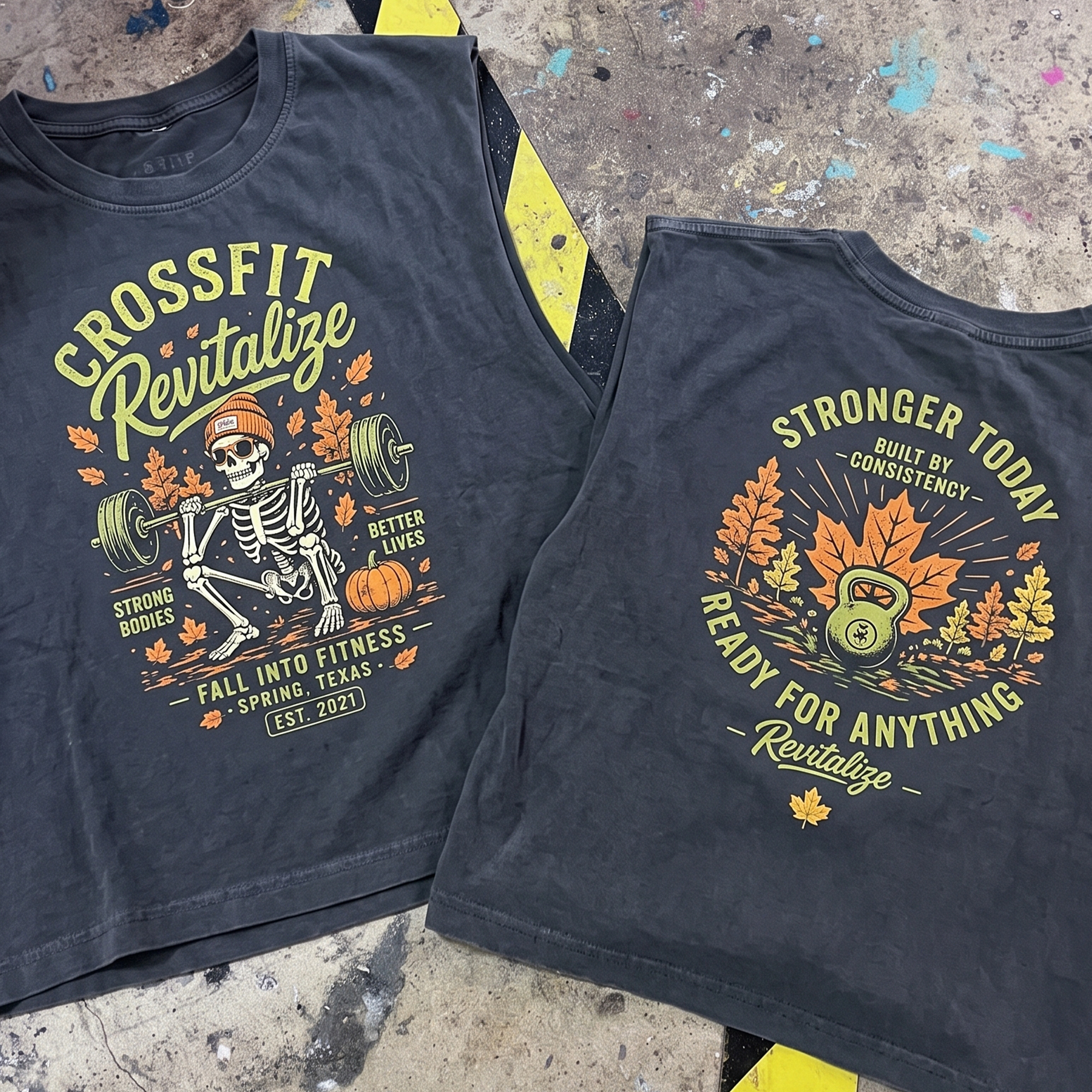 Black shirts with skeleton barbell front print and kettlebell fall back print.