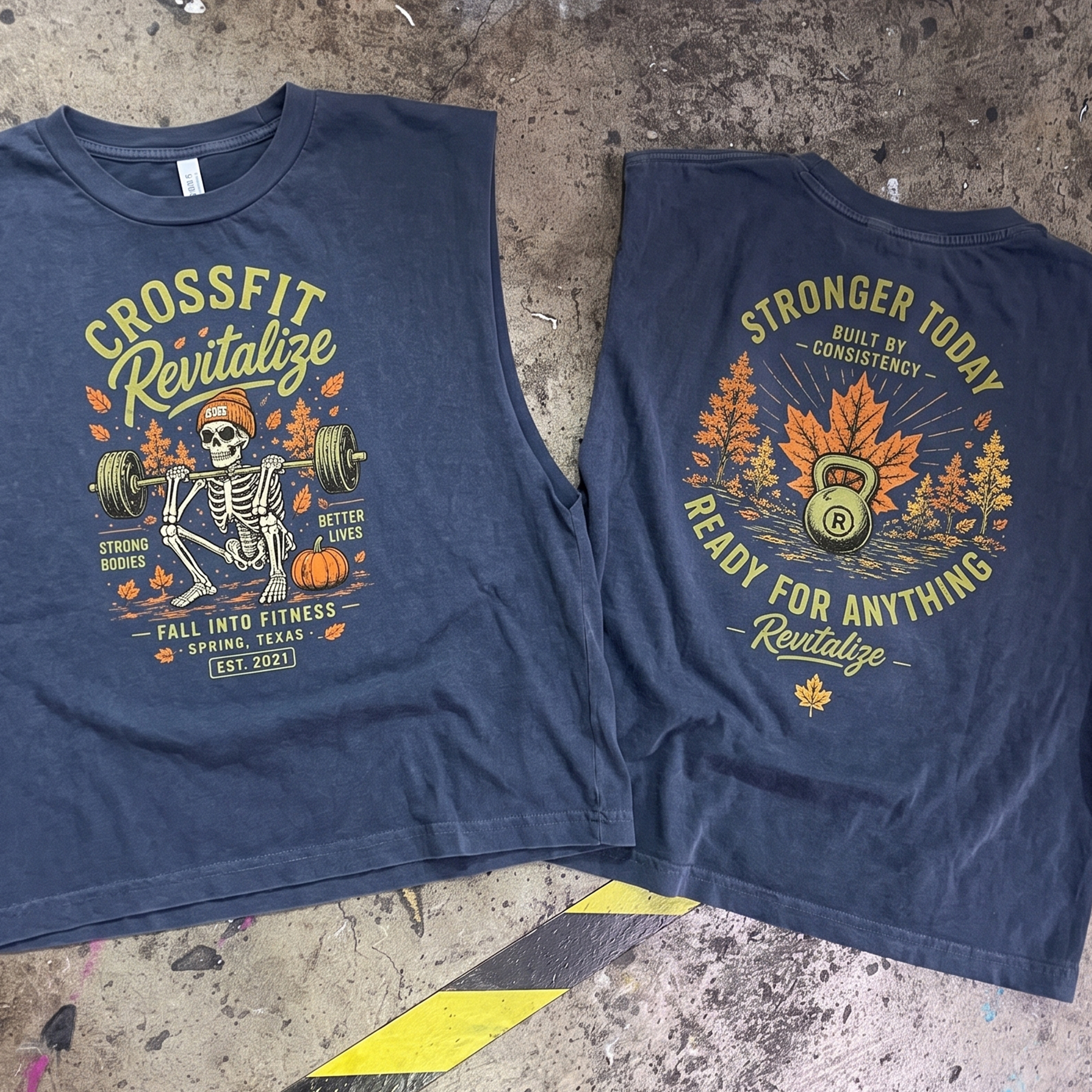 Navy tank tops with skeleton barbell front print and kettlebell fall back print.
