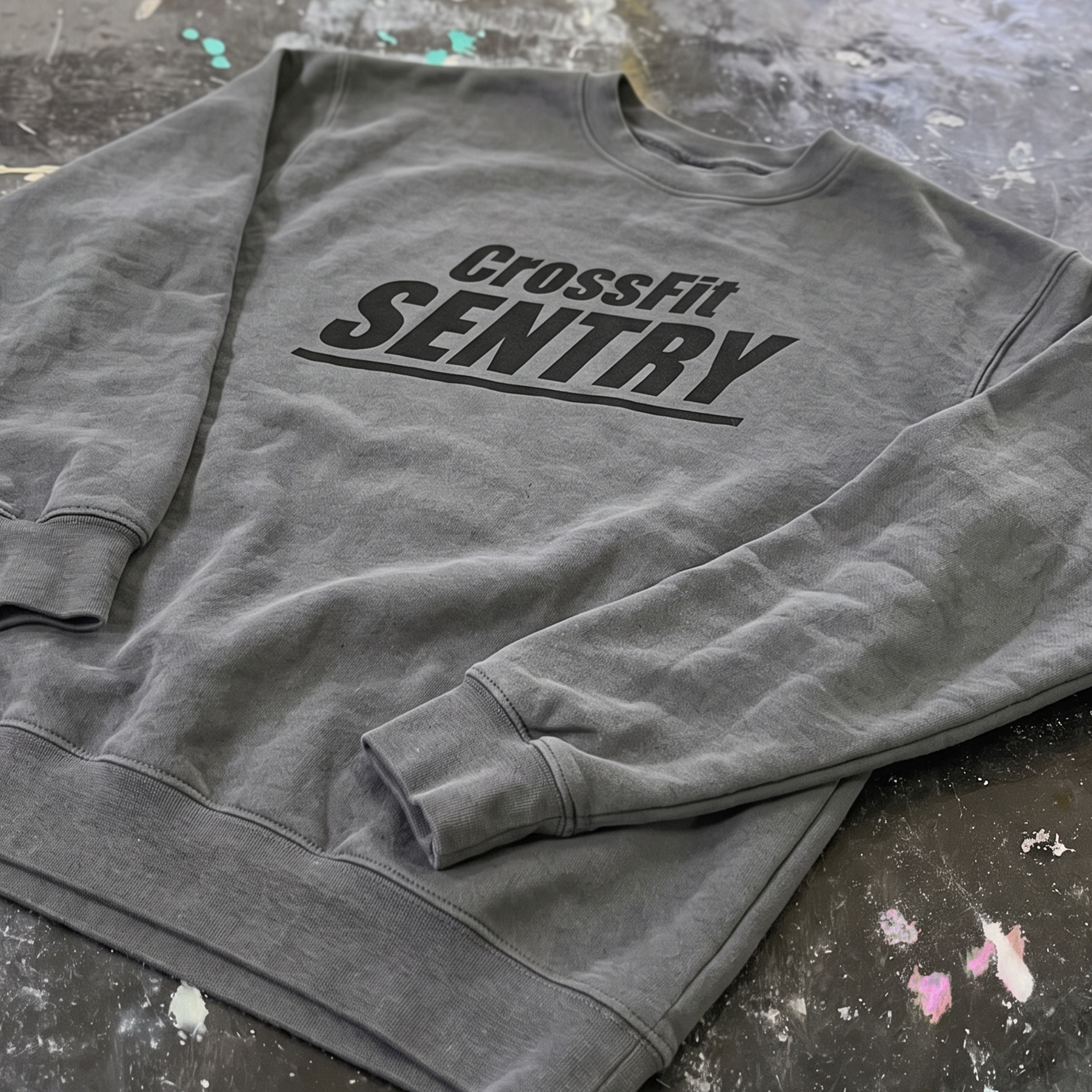 Charcoal crewneck with black CrossFit Sentry front print.