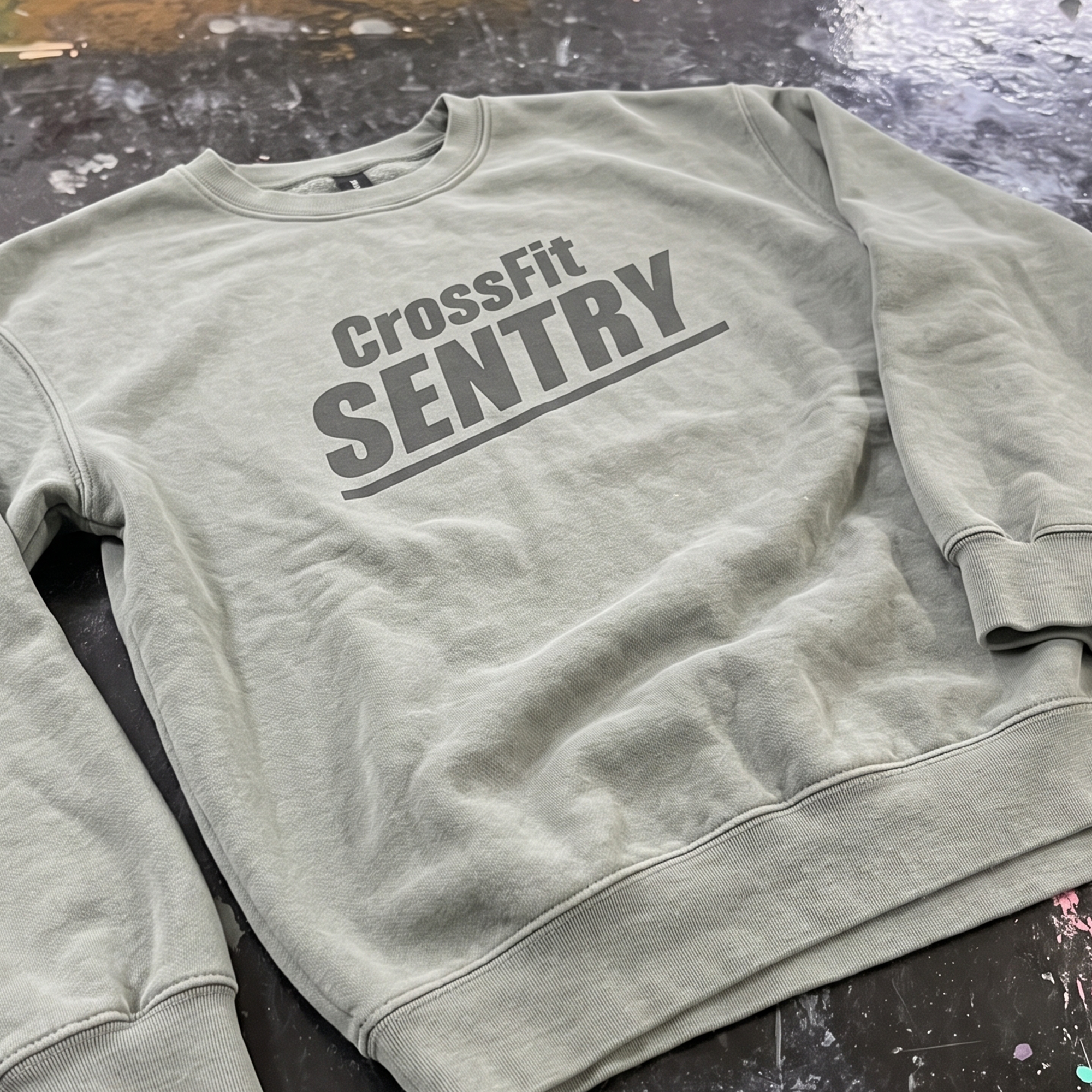 Light gray crewneck with dark gray CrossFit Sentry front print.
