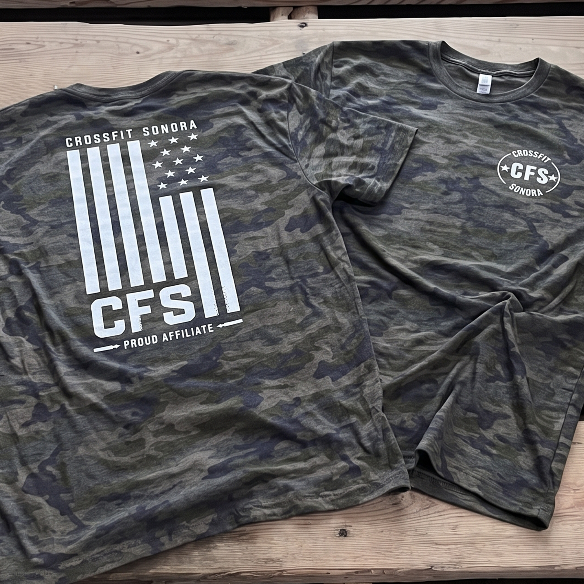 Black camouflage tees with white flag-inspired CFS print and chest logo.
