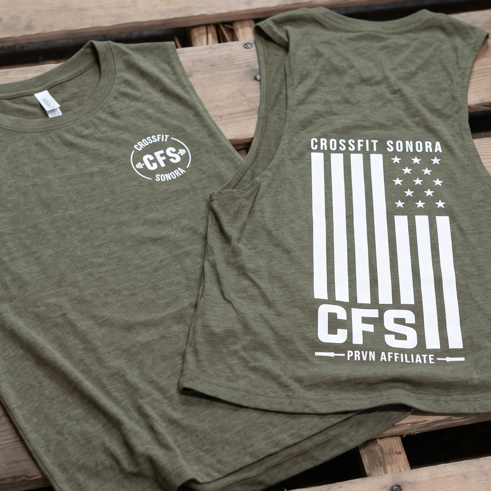 Olive tanks with white CFS chest logo and large flag-inspired print.