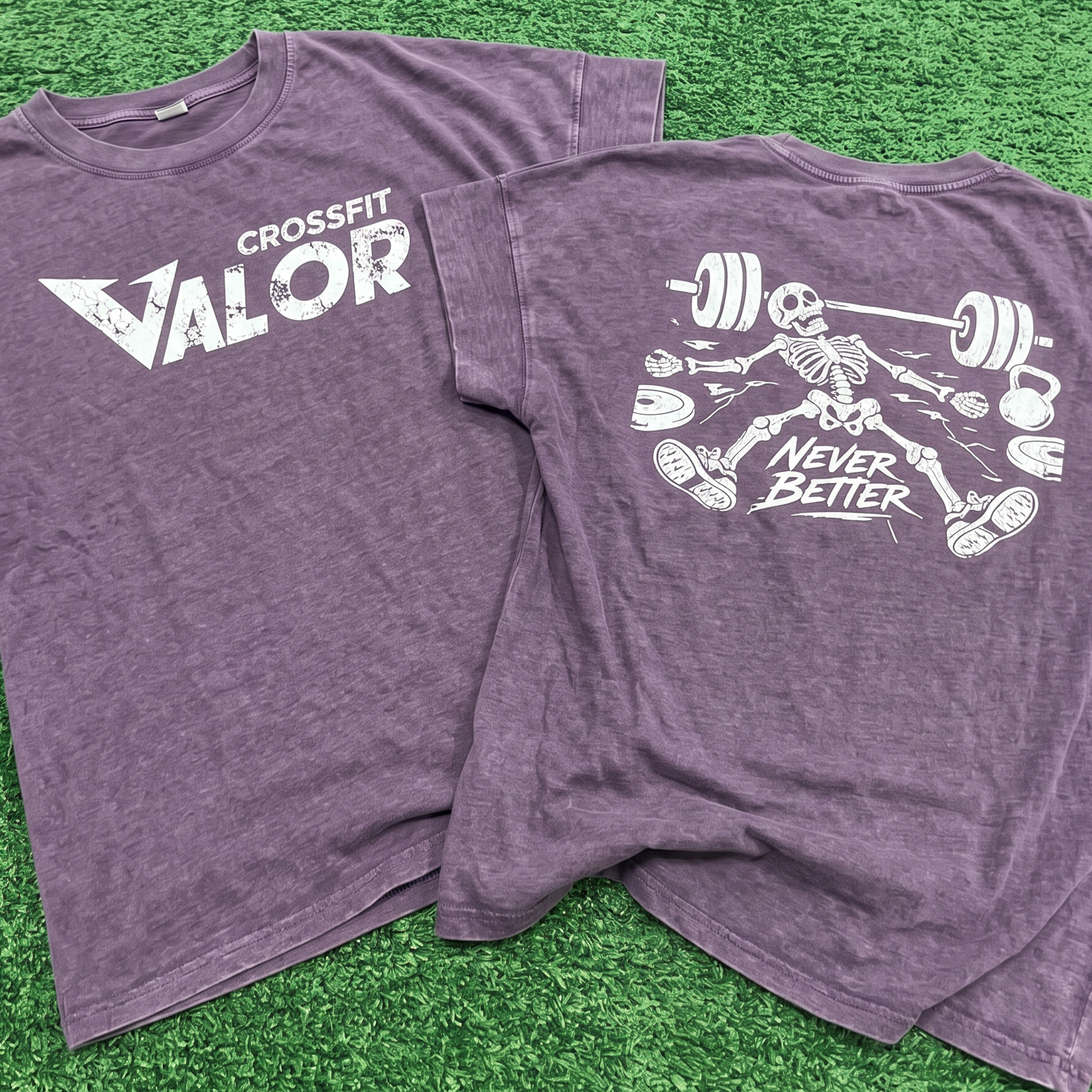 Purple washed tees with distressed CrossFit Valor front print and skeleton weightlifting back graphic.