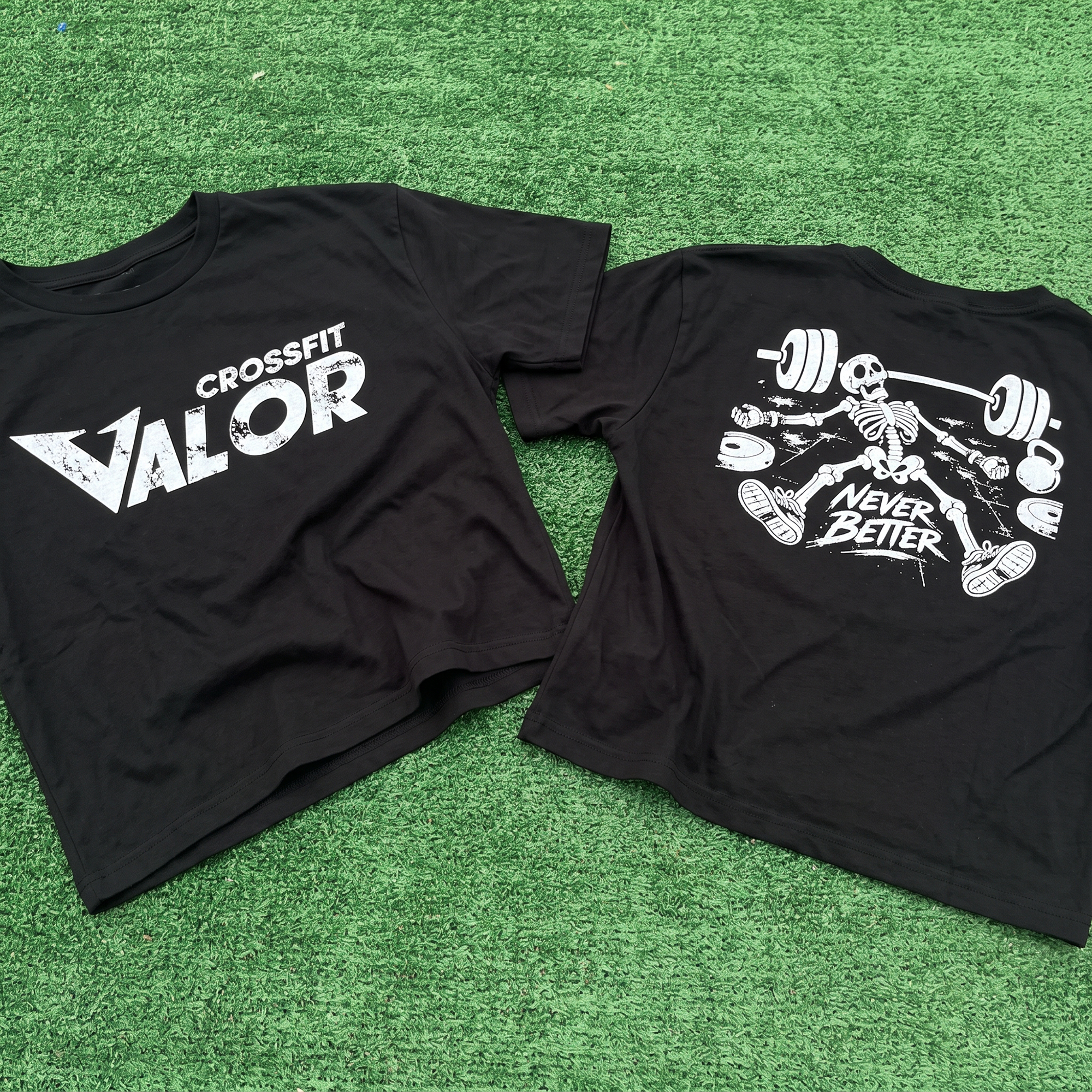 Black tees with distressed CrossFit Valor front print and skeleton weightlifting back graphic.
