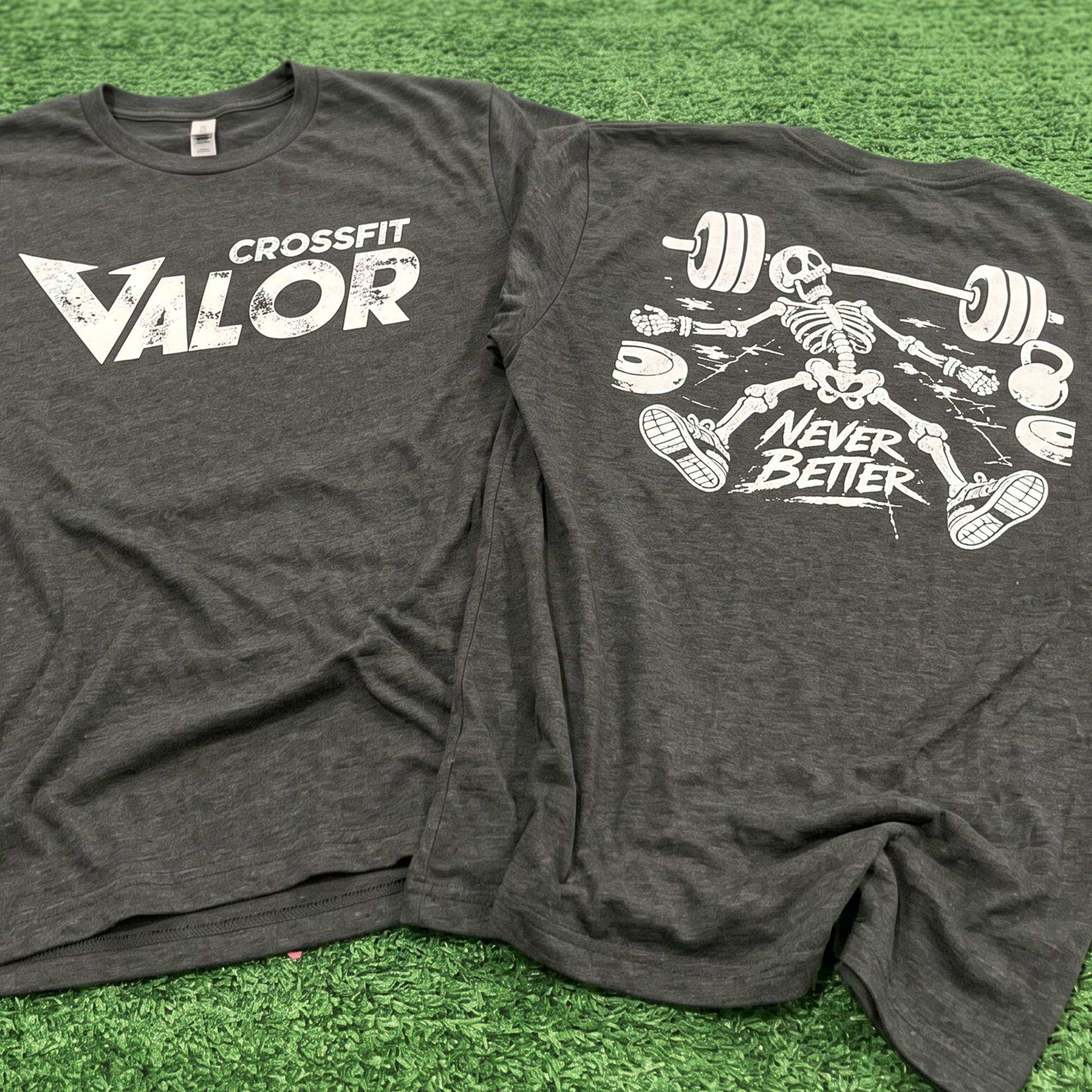 Charcoal tees with distressed CrossFit Valor front print and skeleton weightlifting back graphic.