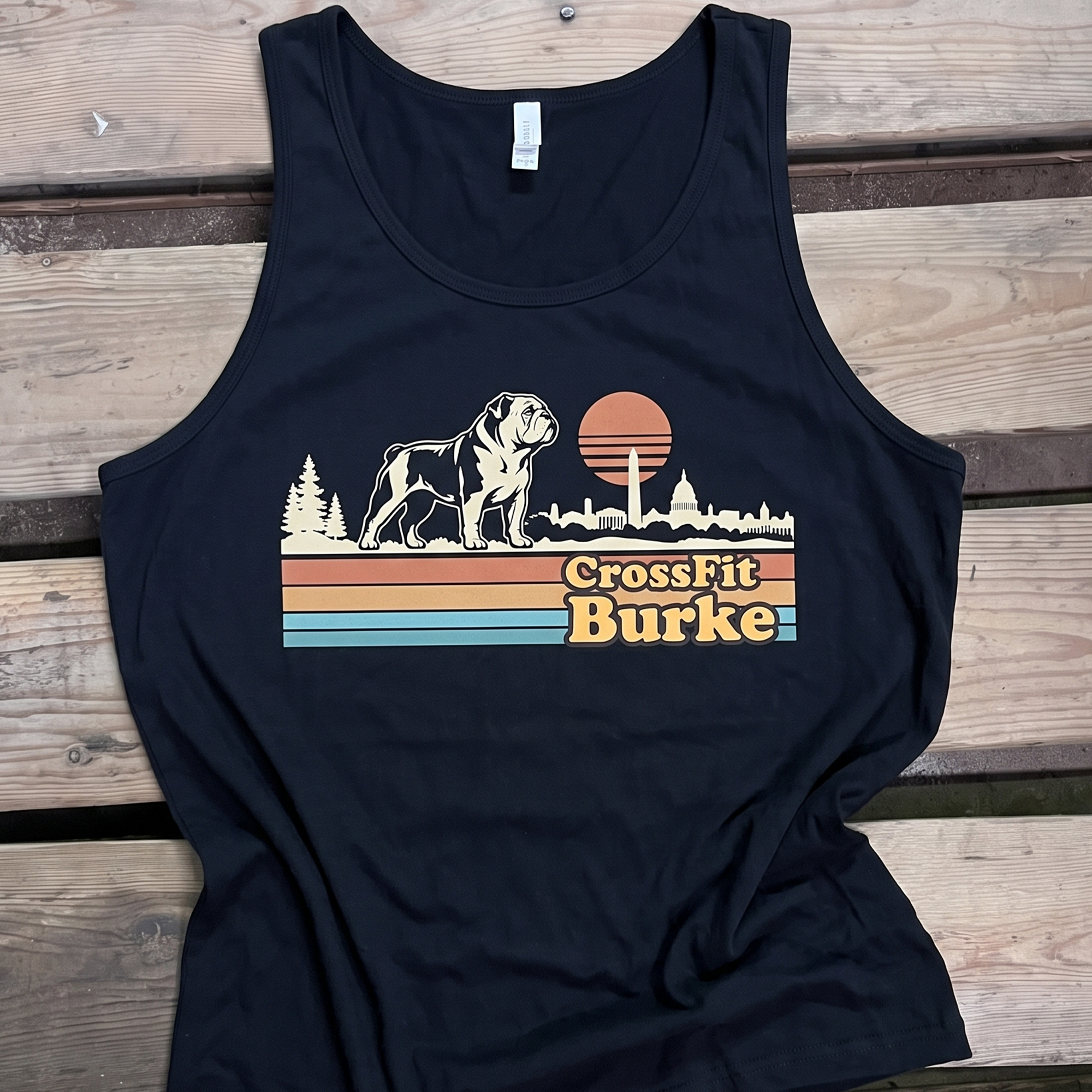 Black tank top with retro CrossFit Burke bulldog and skyline graphic.