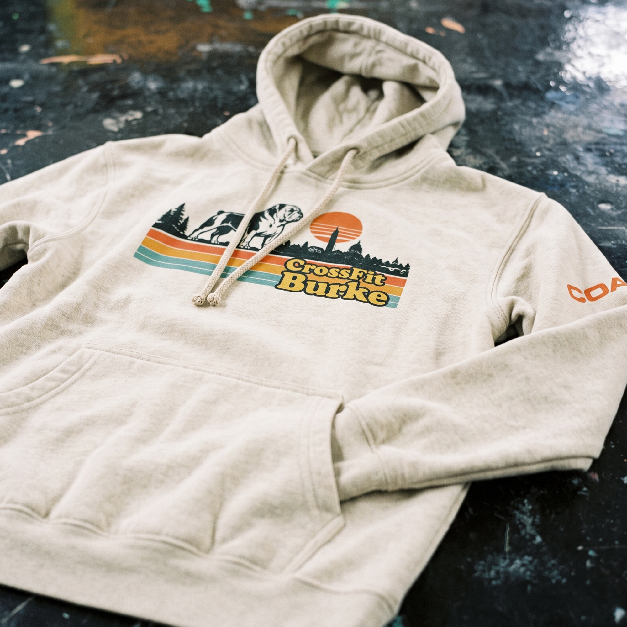 Cream hoodie with front retro bulldog graphic and orange sleeve print.
